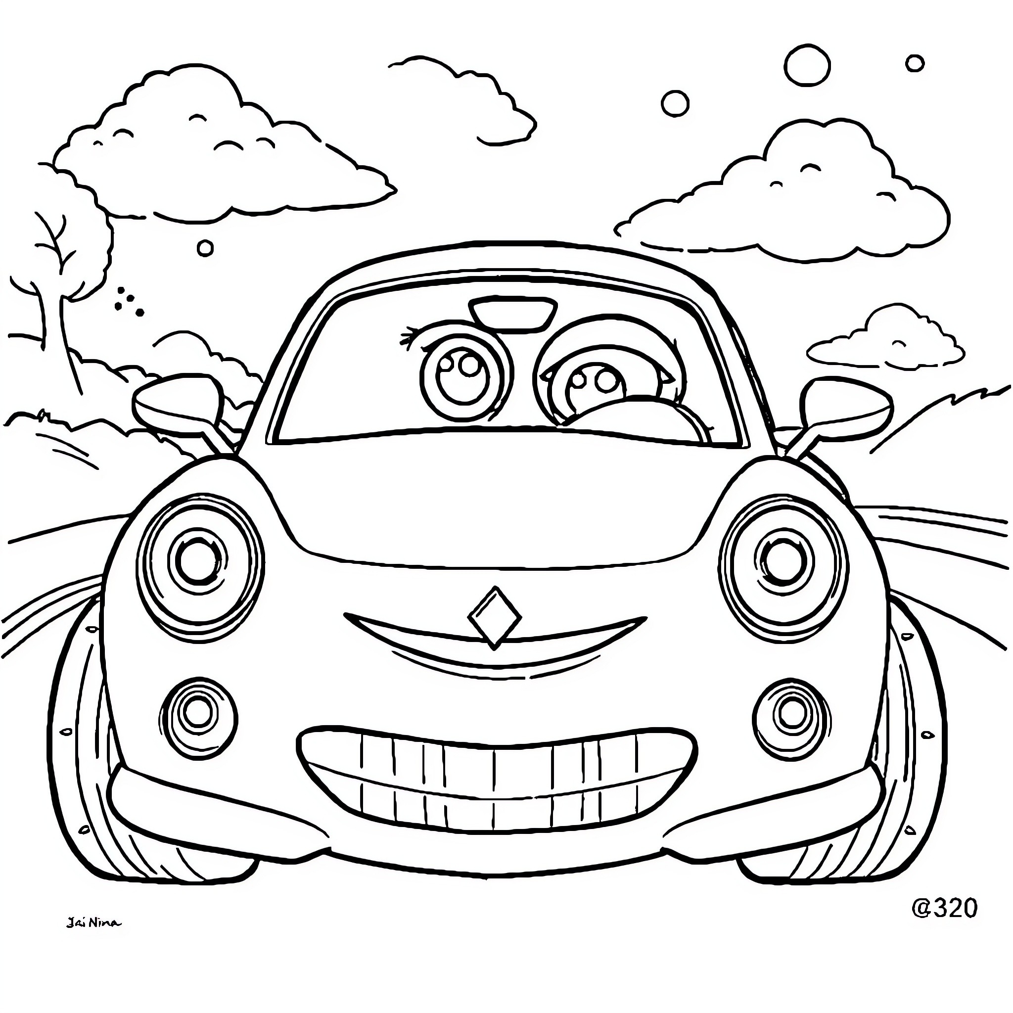 Car with a smiling face driving through a scenic landscape Coloring Page (free black-and-white line drawing printable PDF for all, from beginners to advanced learners, including children, teens, adults, and seniors)