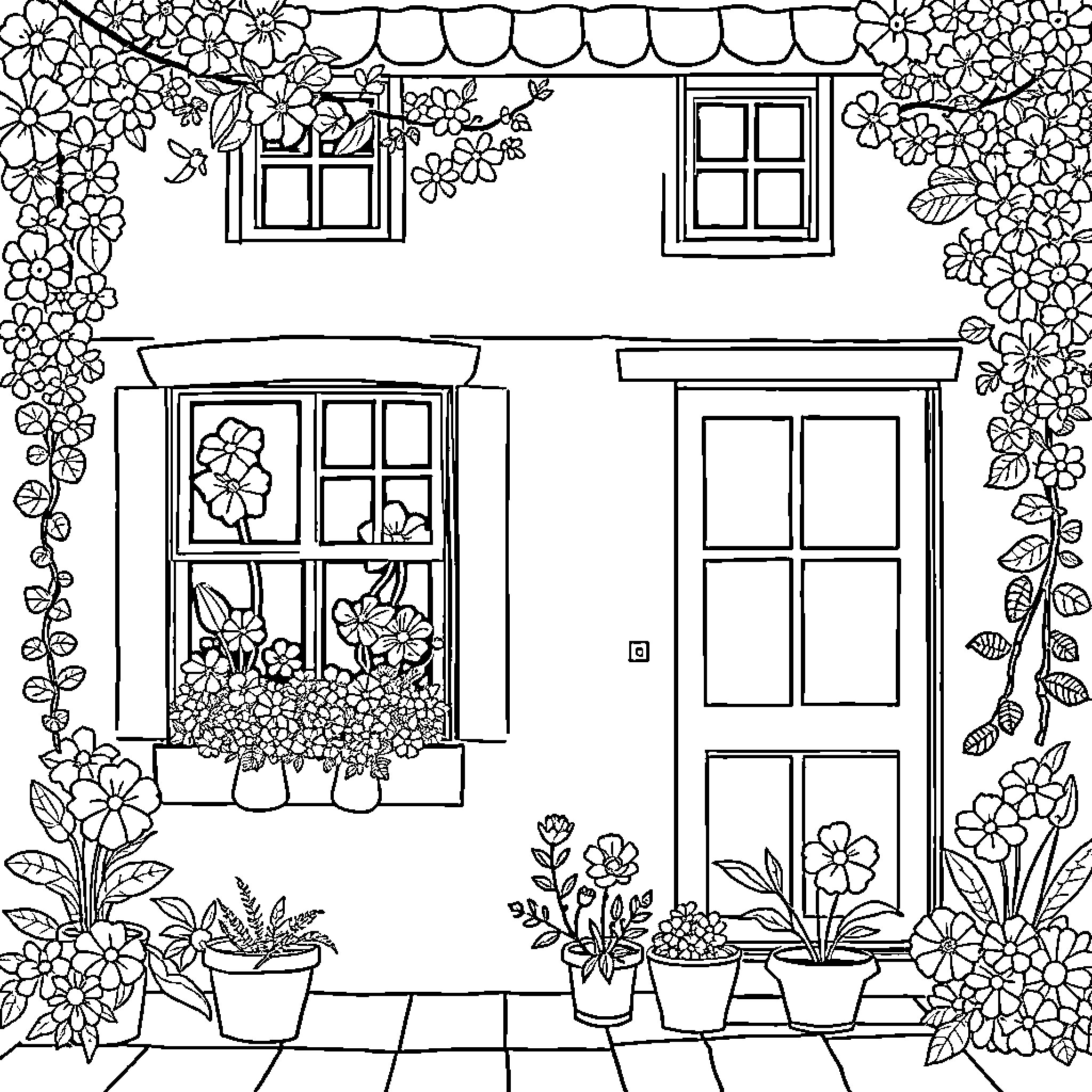 House with Floral Decorations and Open Windows Coloring Page (free black-and-white line drawing printable PDF for all, from beginners to advanced learners, including children, teens, adults, and seniors)