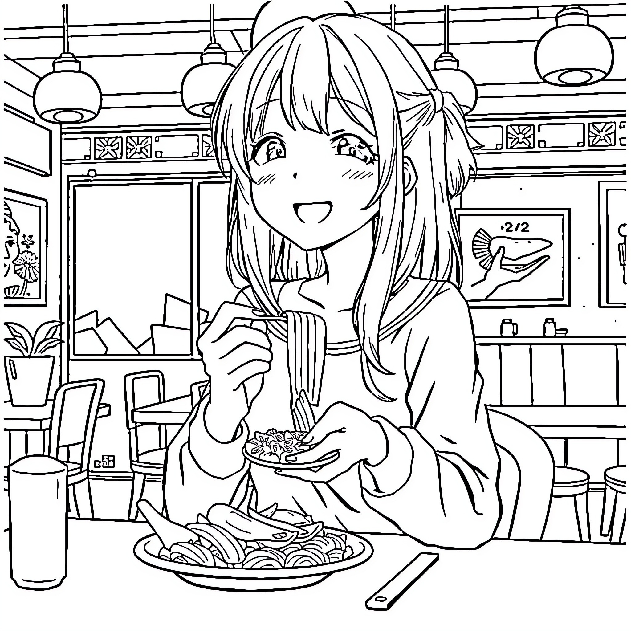 Anime Girl Enjoying a Meal in a Cozy Cafe Coloring Page (free black-and-white line drawing printable PDF for all, from beginners to advanced learners, including children, teens, adults, and seniors)