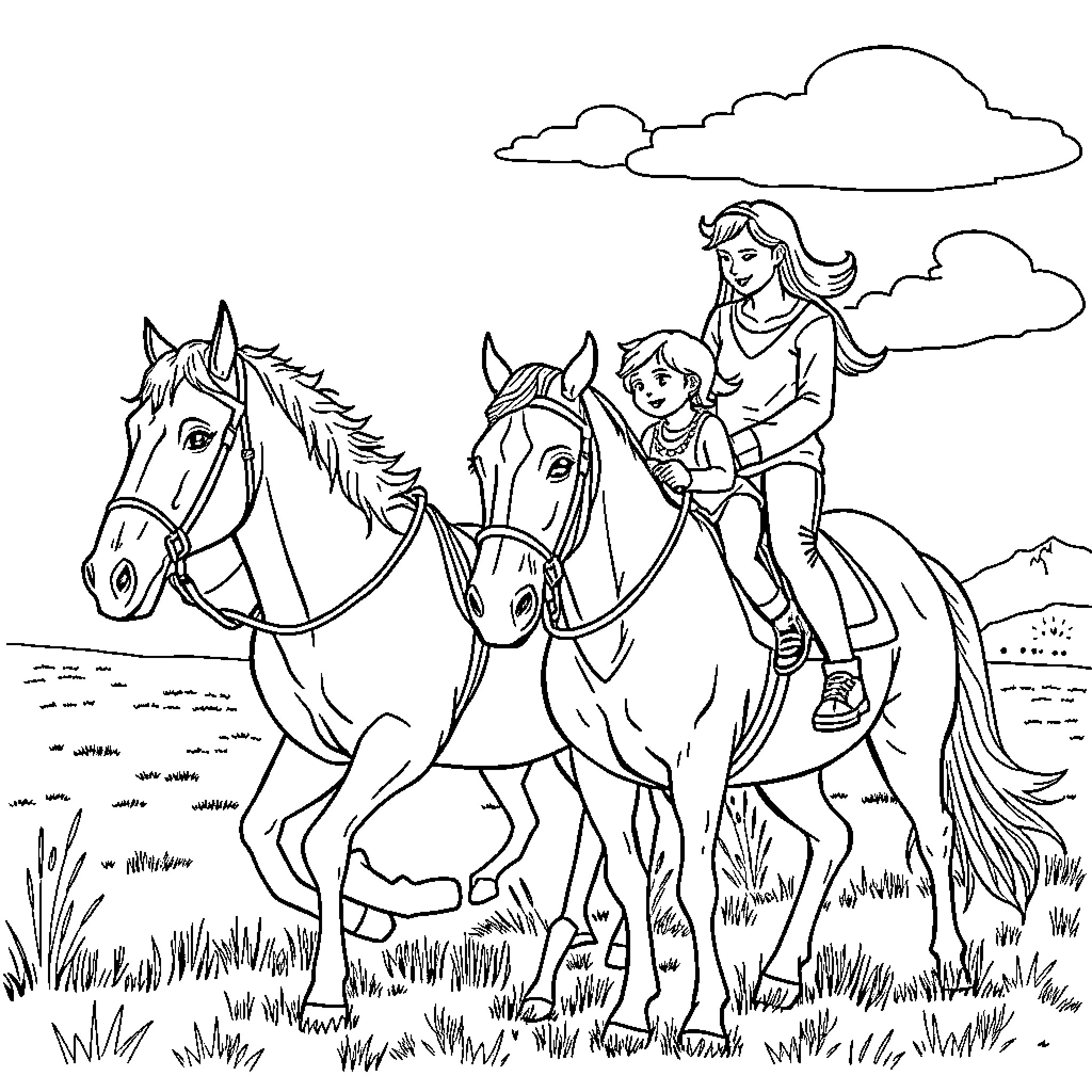 Horse riders exploring the countryside Coloring Page (free black-and-white line drawing printable PDF for all, from beginners to advanced learners, including children, teens, adults, and seniors)