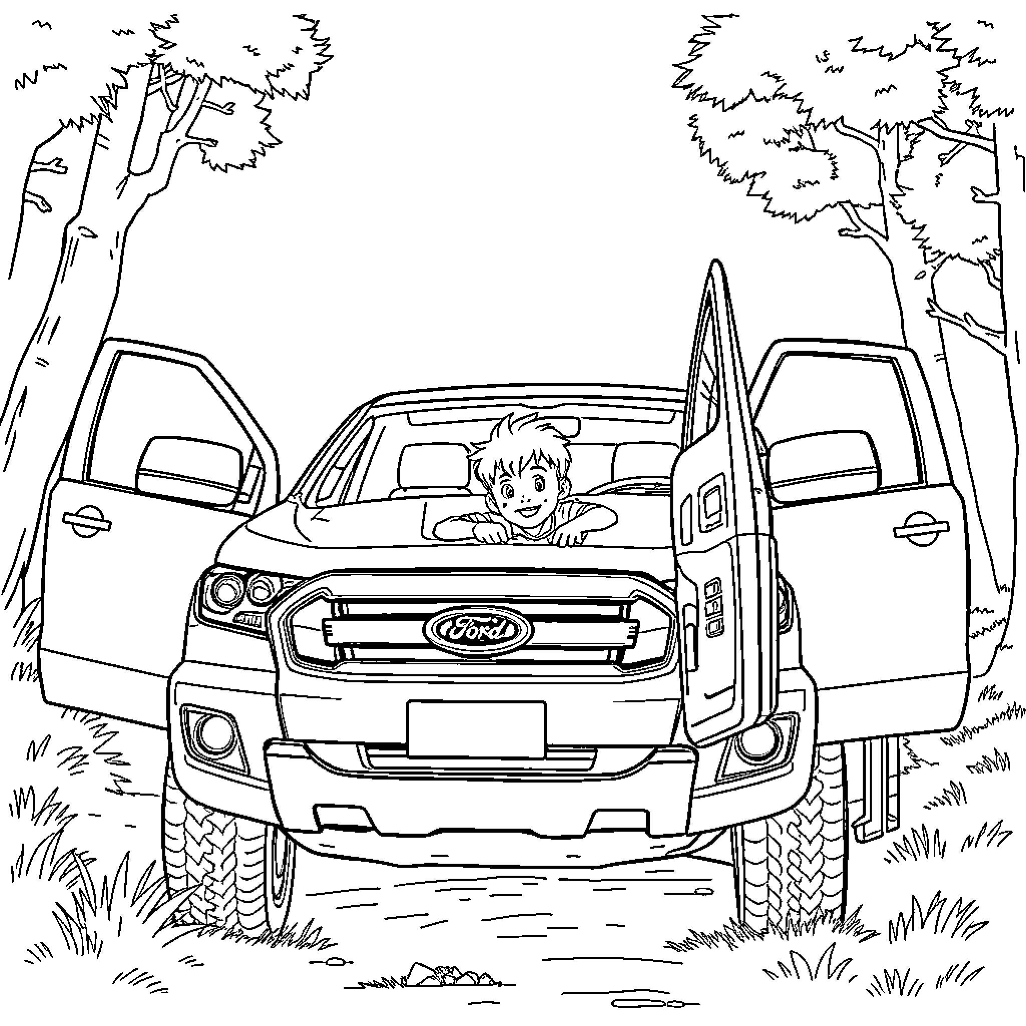 Boy exploring the woods in his truck Coloring Page (free black-and-white line drawing printable PDF for all, from beginners to advanced learners, including children, teens, adults, and seniors)