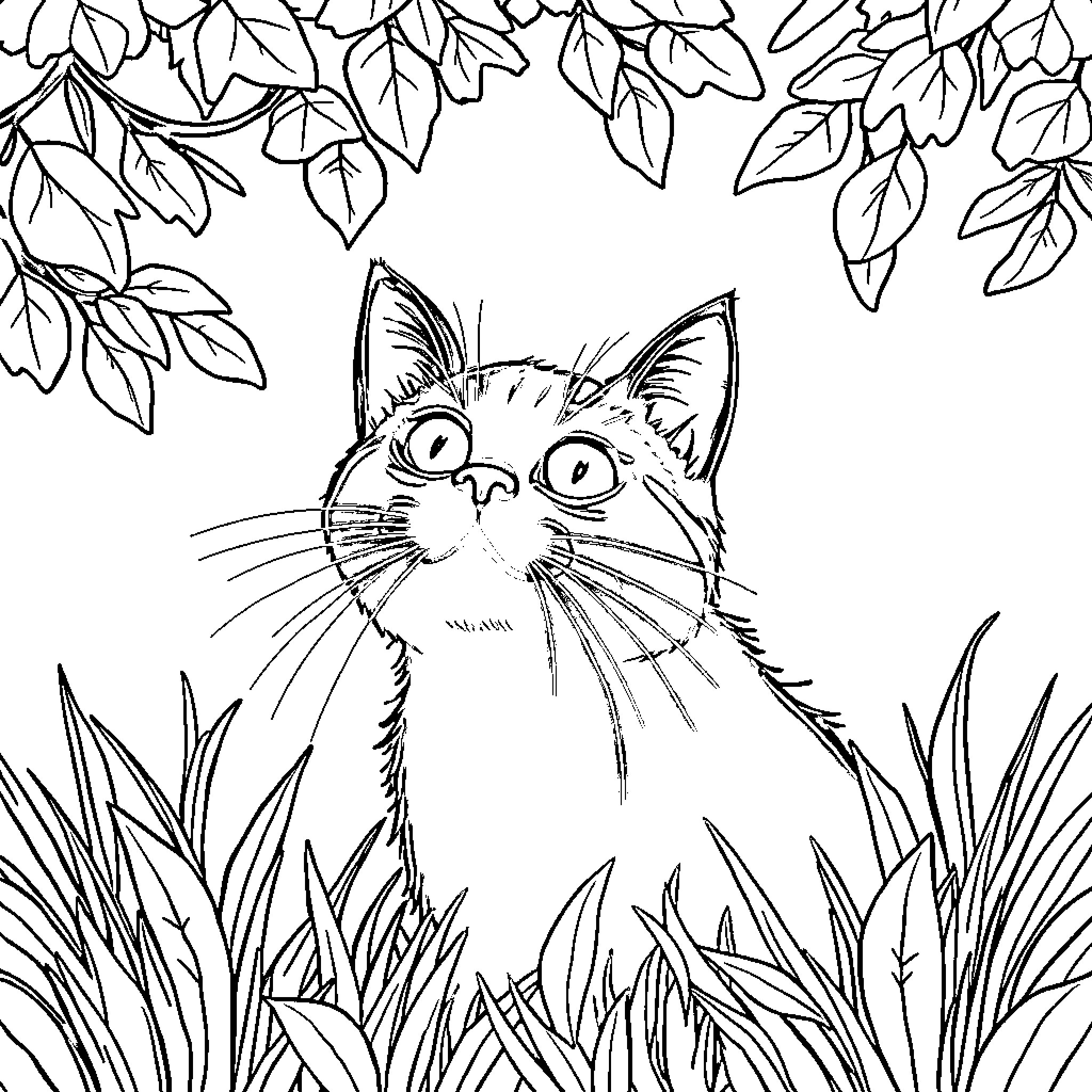 Chat with a curious cat in the forest Coloring Page (free black-and-white line drawing printable PDF for all, from beginners to advanced learners, including children, teens, adults, and seniors)