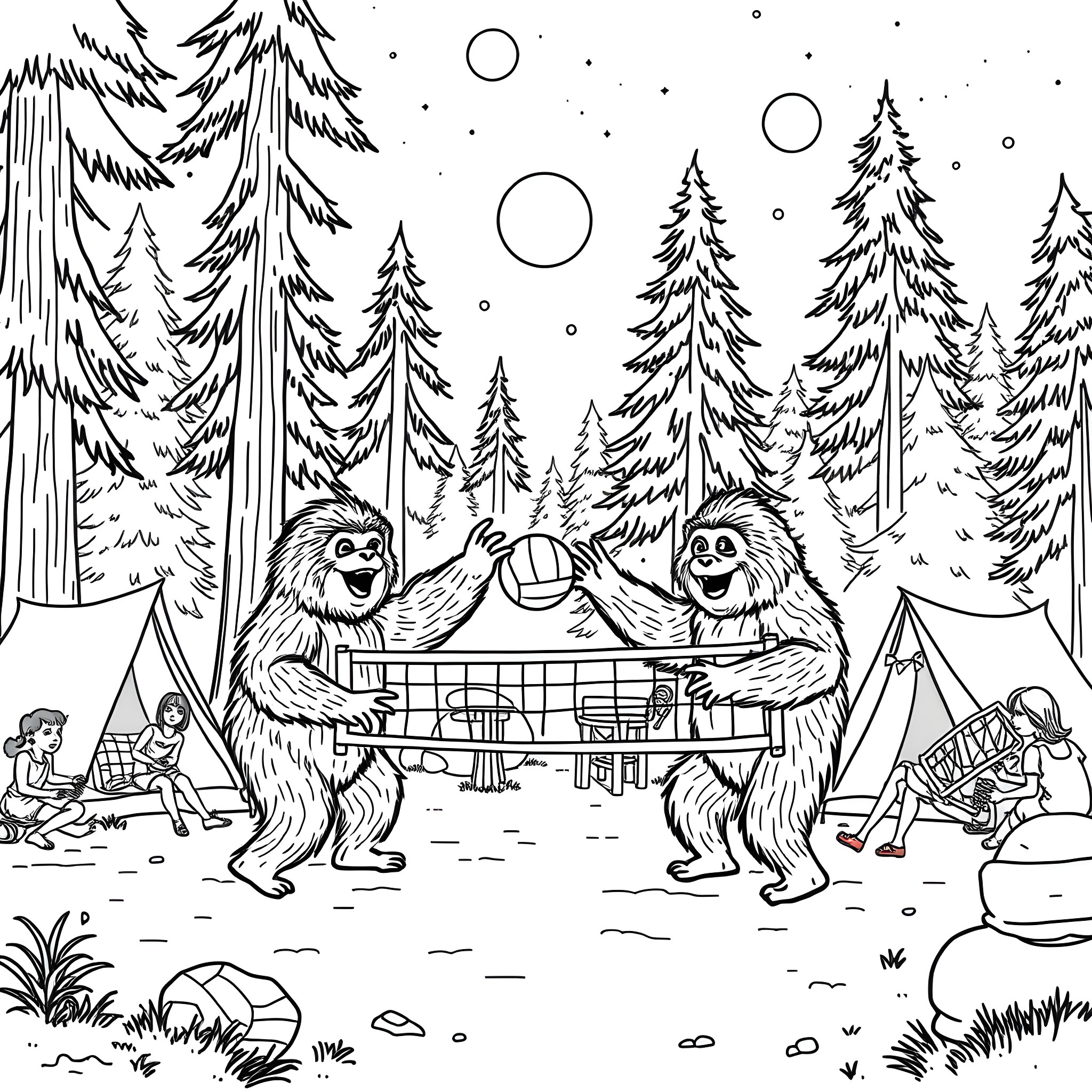 Sasquatch Camping Adventure in the Snowy Forest Coloring Page (free black-and-white line drawing printable PDF for all, from beginners to advanced learners, including children, teens, adults, and seniors)
