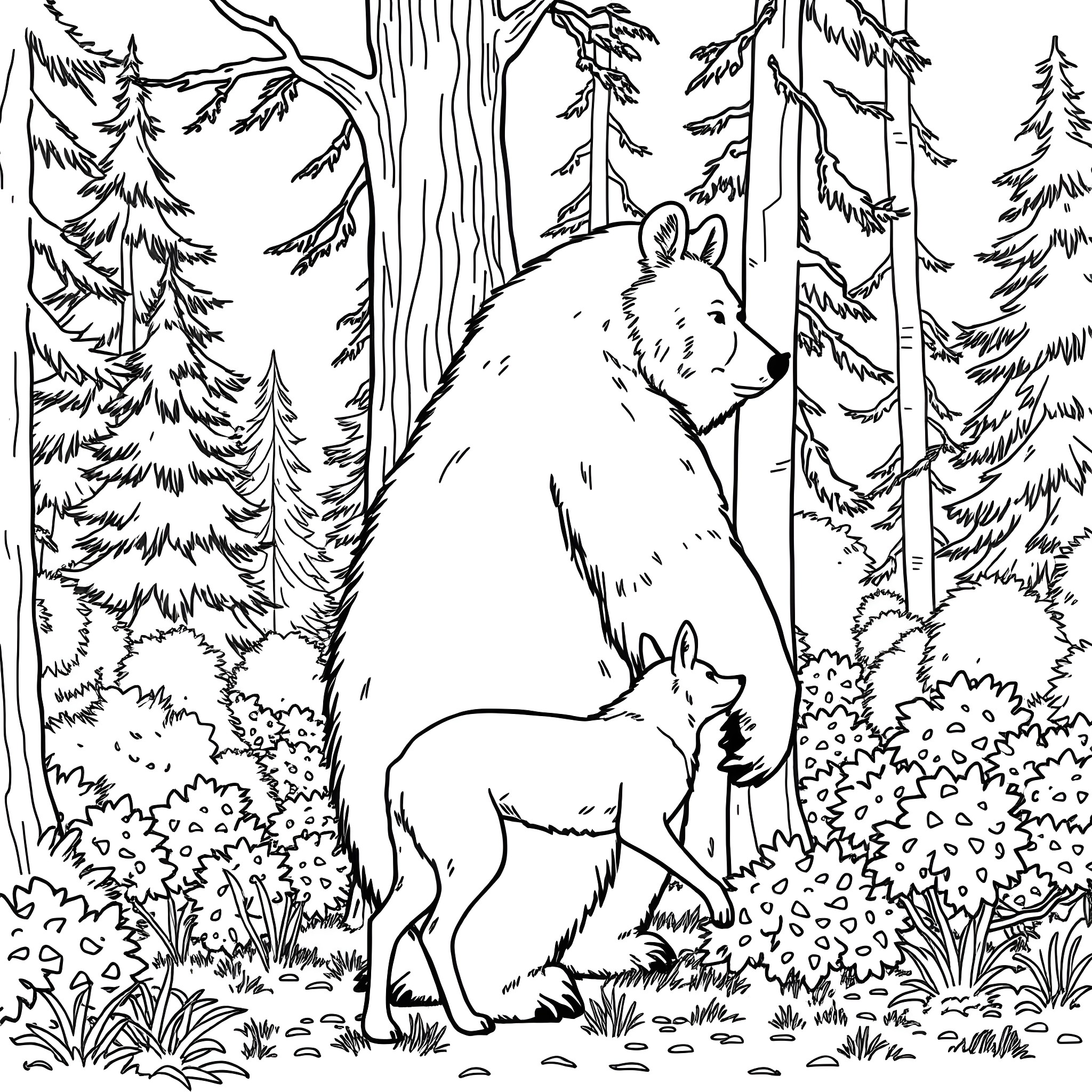 Coyote family exploring the forest Coloring Page (free black-and-white line drawing printable PDF for all, from beginners to advanced learners, including children, teens, adults, and seniors)