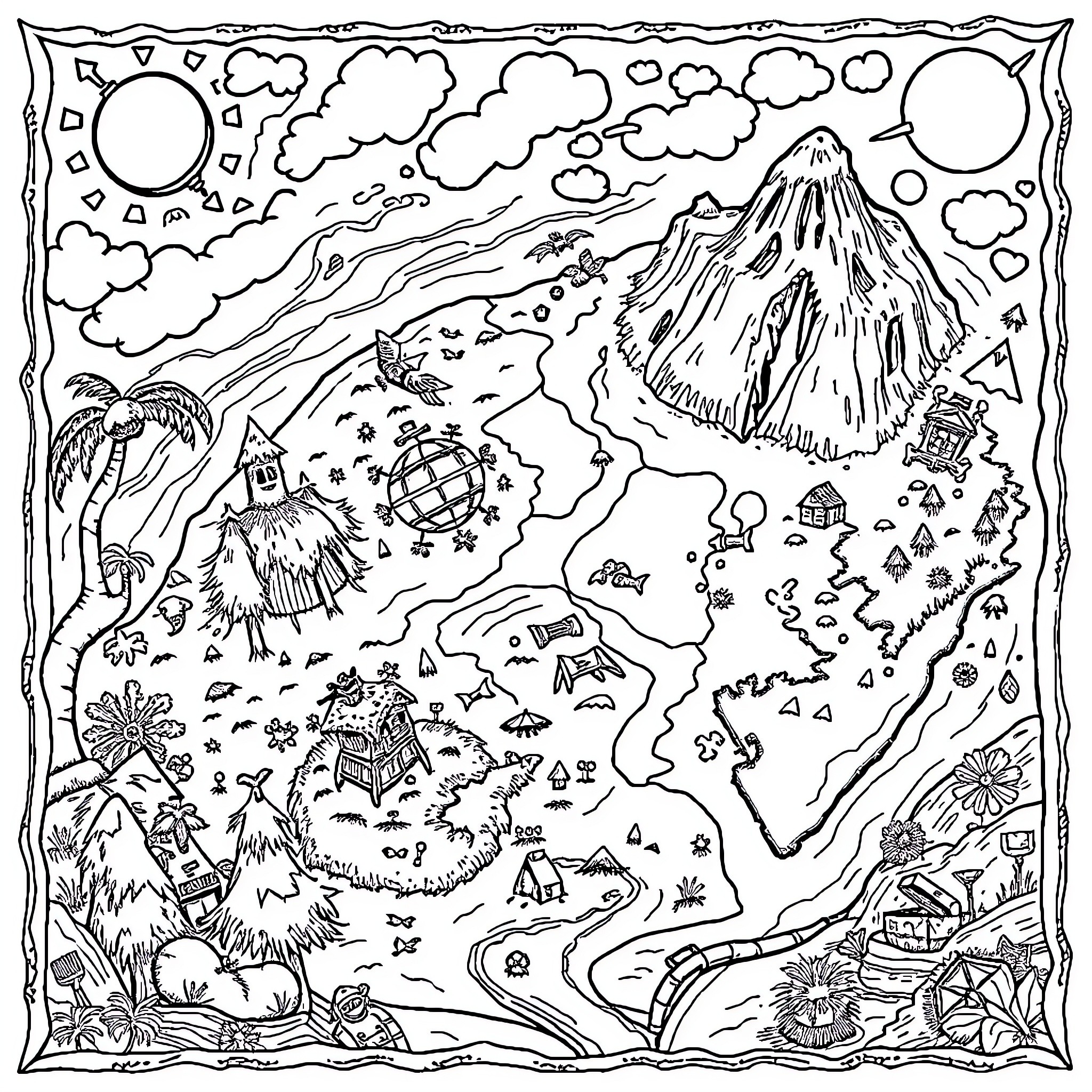 Treasure Map of Diverse Landscapes and Adventures Coloring Page (free black-and-white line drawing printable PDF for all, from beginners to advanced learners, including children, teens, adults, and seniors)