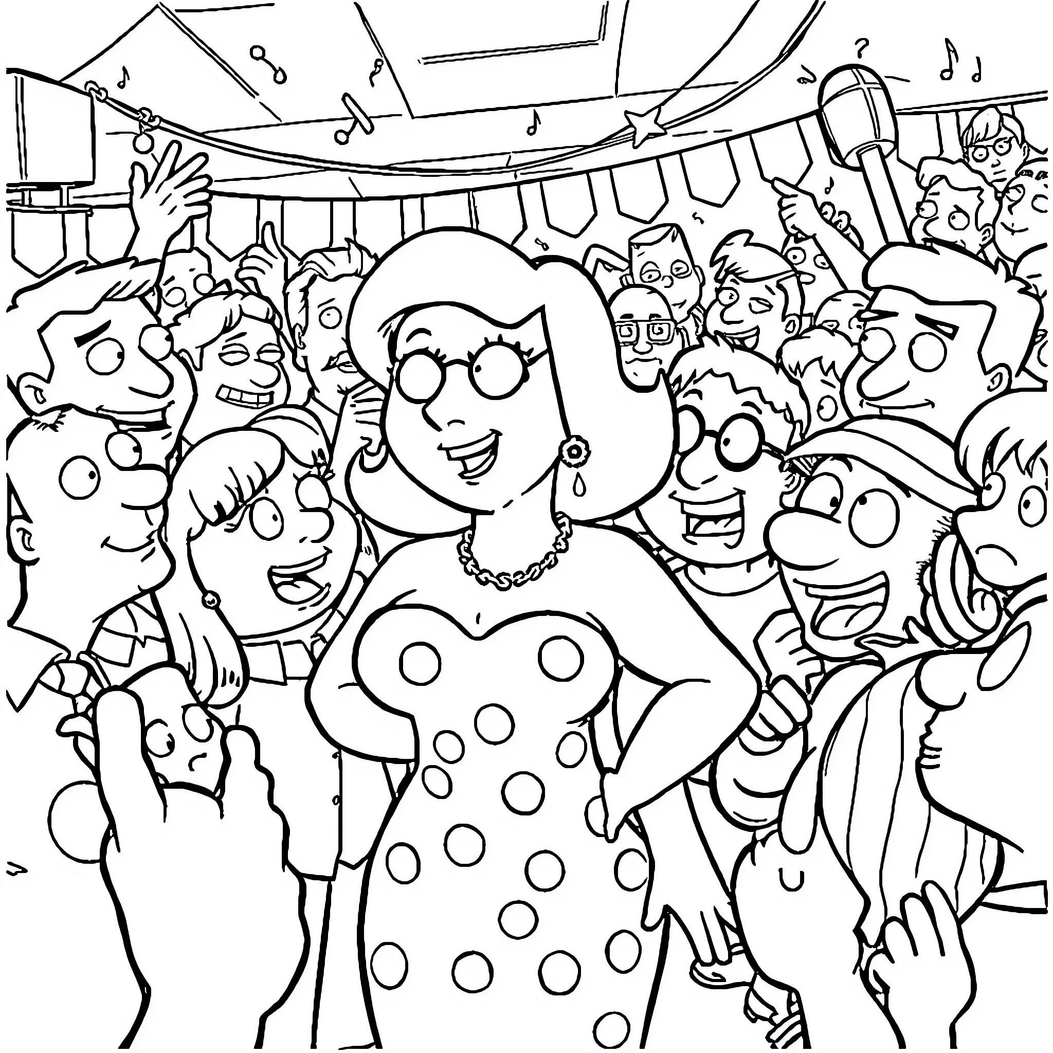 Lois's Lively Party Celebration Coloring Page (free black-and-white line drawing printable PDF for all, from beginners to advanced learners, including children, teens, adults, and seniors)