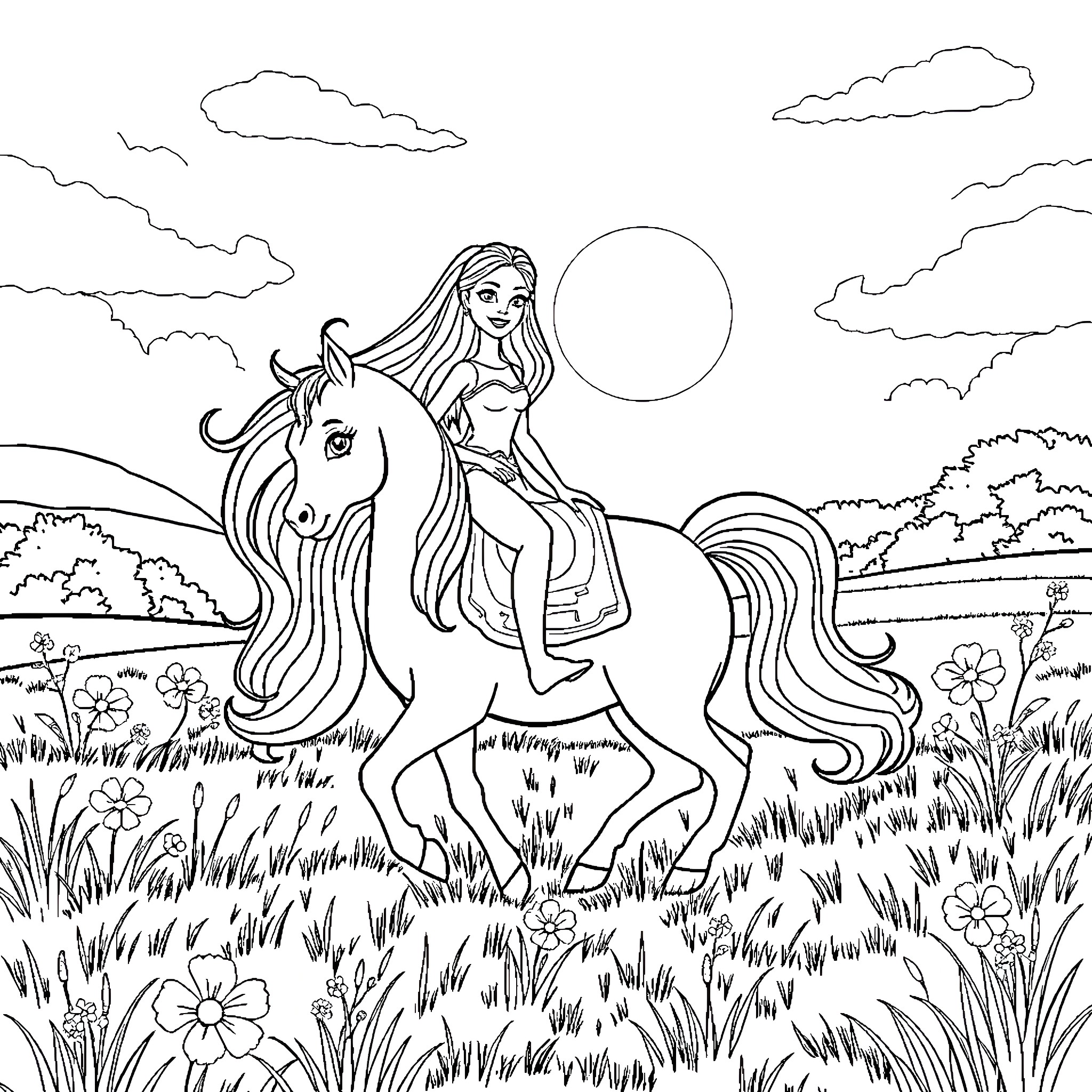 Barbie riding a beautiful unicorn through a flowery meadow Coloring Page (free black-and-white line drawing printable PDF for all, from beginners to advanced learners, including children, teens, adults, and seniors)