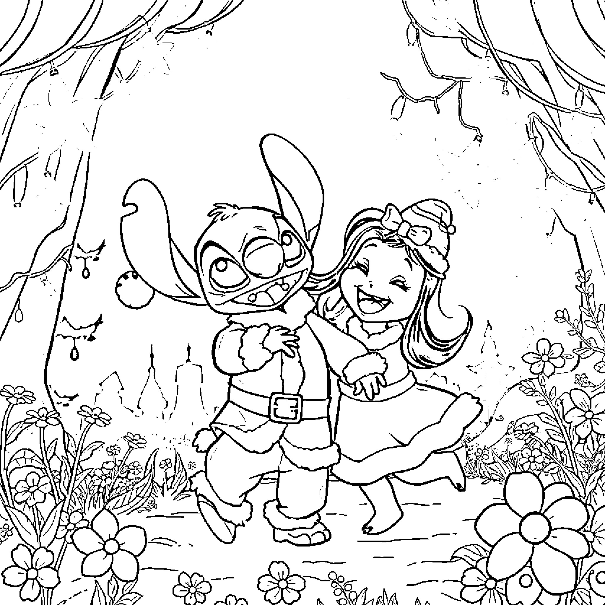 Stitch and girl exploring magical forest Coloring Page (free black-and-white line drawing printable PDF for all, from beginners to advanced learners, including children, teens, adults, and seniors)