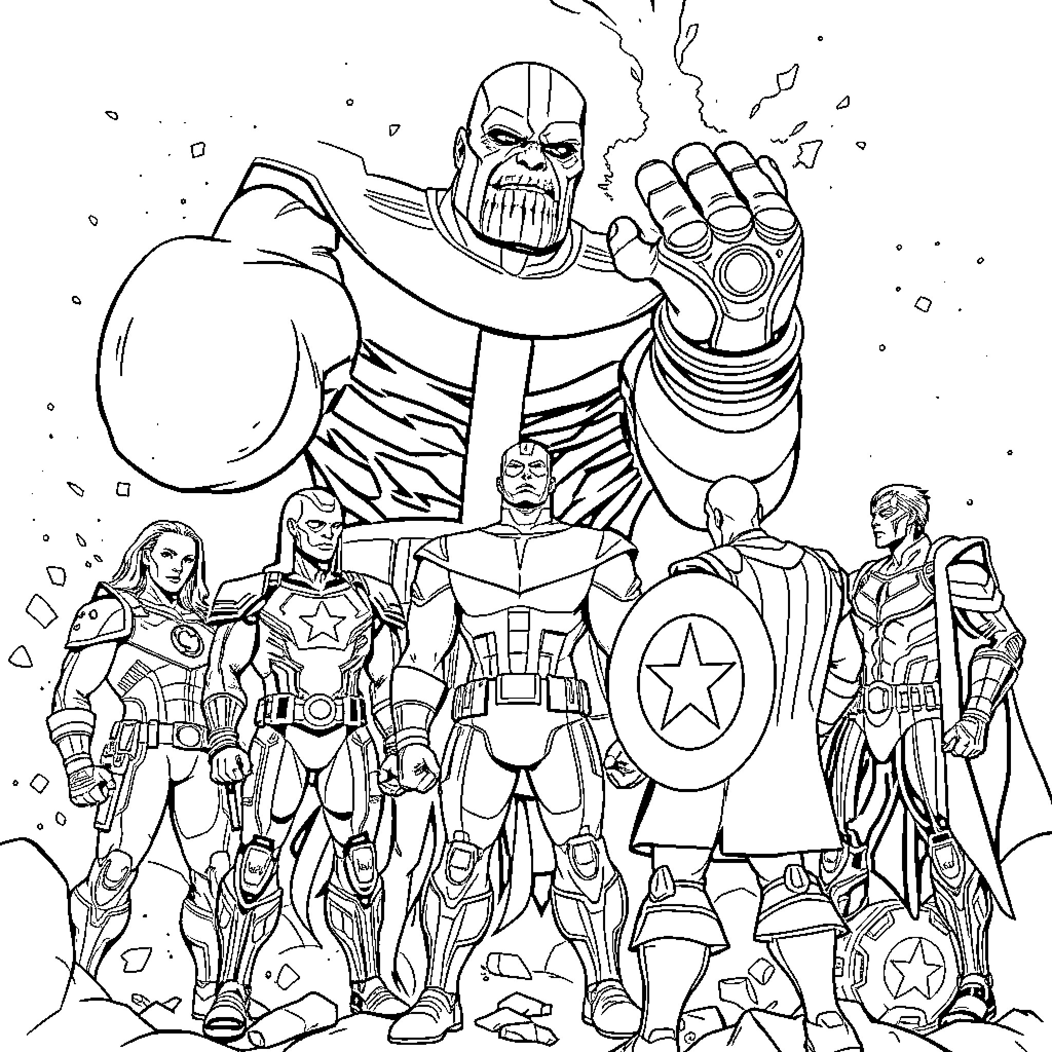 Avenger Superheroes Confront Powerful Villain Coloring Page (free black-and-white line drawing printable PDF for all, from beginners to advanced learners, including children, teens, adults, and seniors)