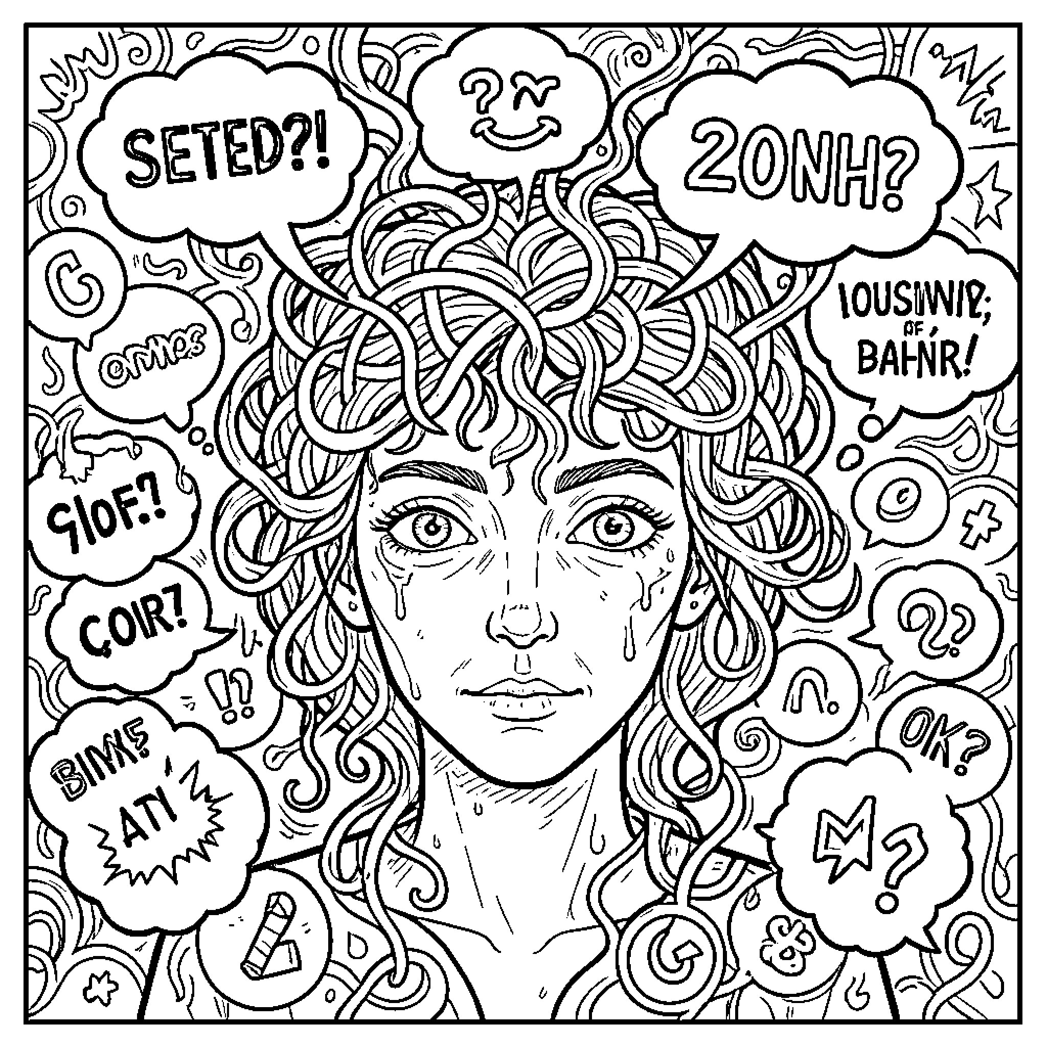 Brainrot: Chaotic thoughts and emotions Coloring Page (free black-and-white line drawing printable PDF for all, from beginners to advanced learners, including children, teens, adults, and seniors)