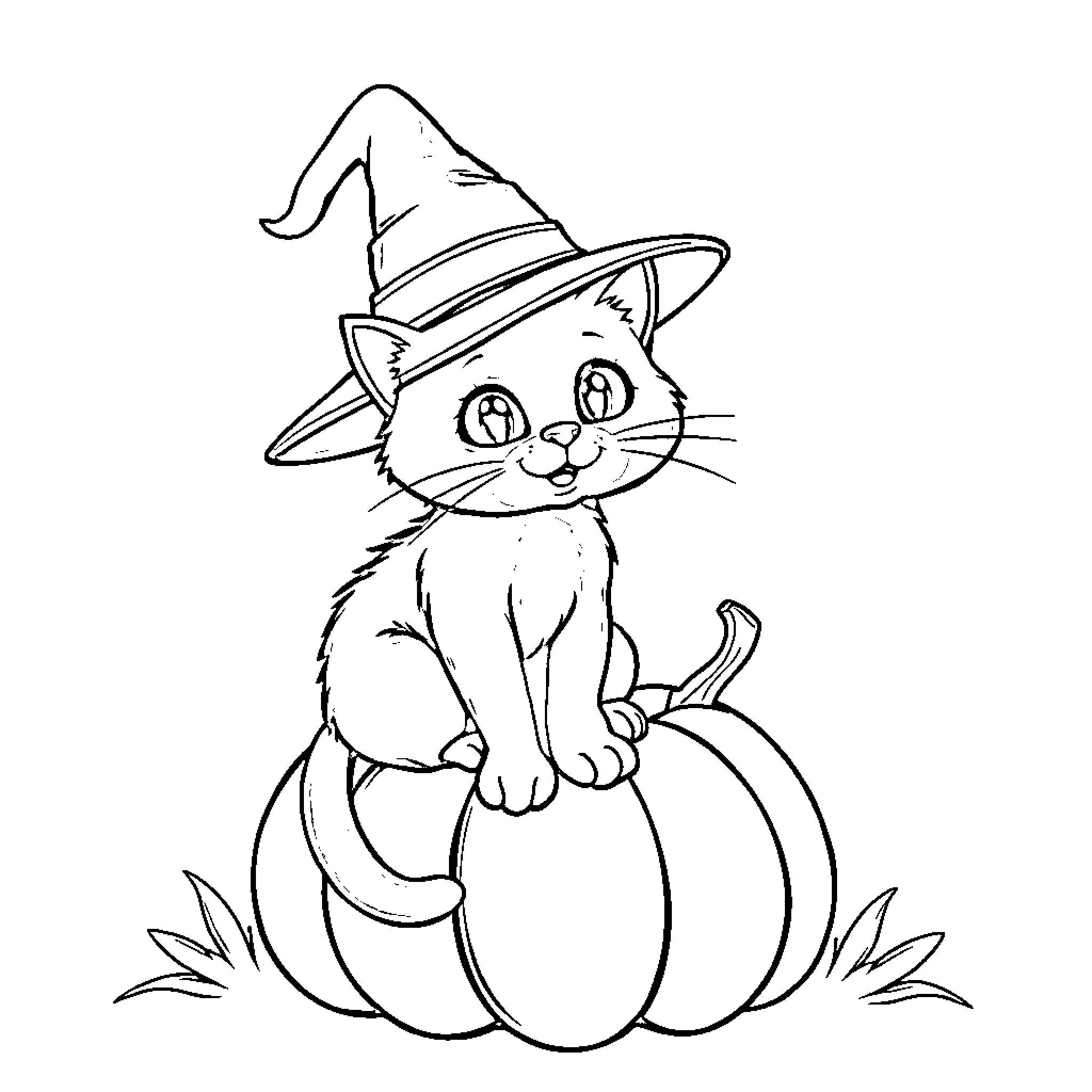 Cat in Witch Hat Sitting on Pumpkin Coloring Page (free black-and-white line drawing printable PDF for all, from beginners to advanced learners, including children, teens, adults, and seniors)