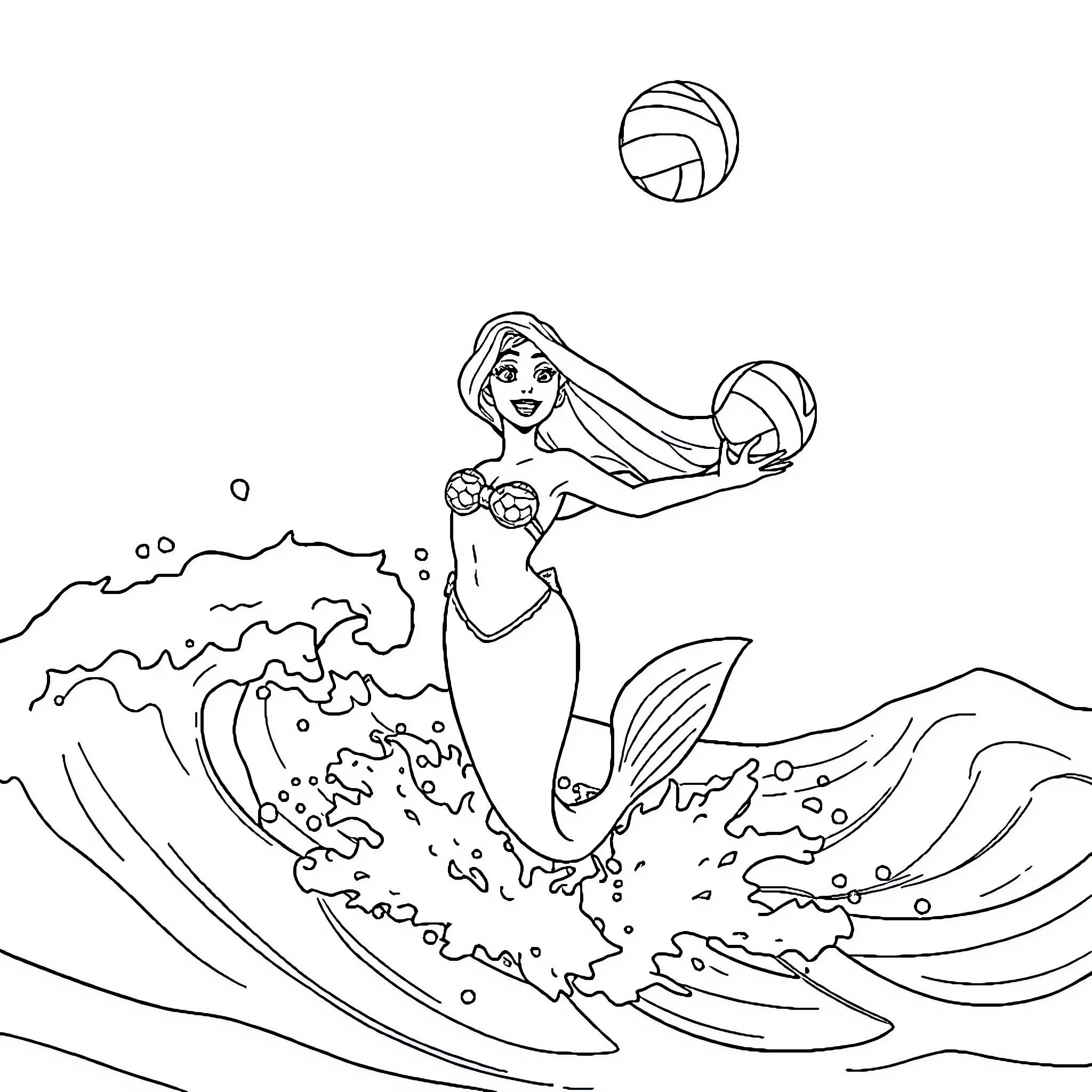 Ariel playing with a volleyball in the ocean Coloring Page (free black-and-white line drawing printable PDF for all, from beginners to advanced learners, including children, teens, adults, and seniors)