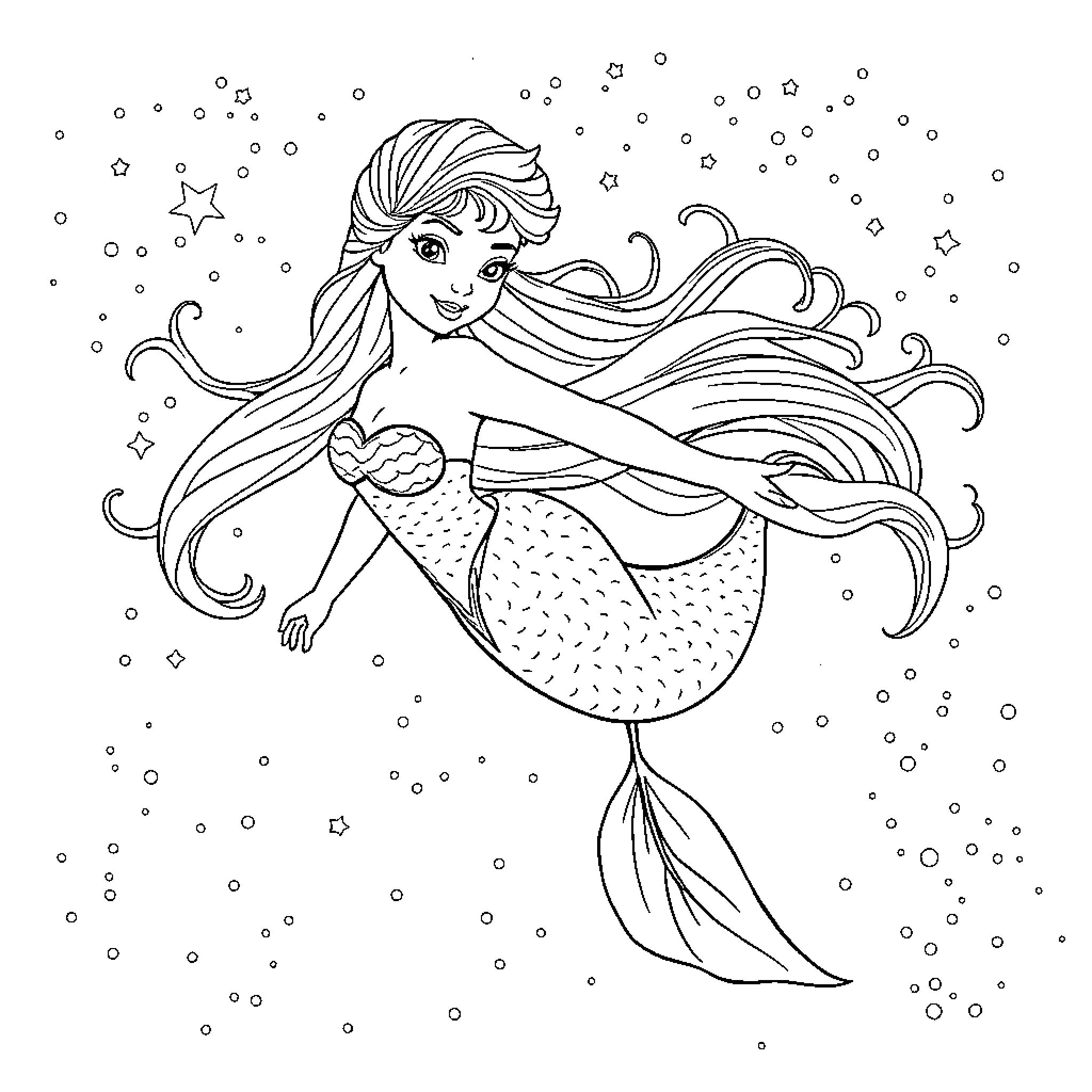 Elsa the Mermaid Swims Through the Starry Sea Coloring Page (free black-and-white line drawing printable PDF for all, from beginners to advanced learners, including children, teens, adults, and seniors)
