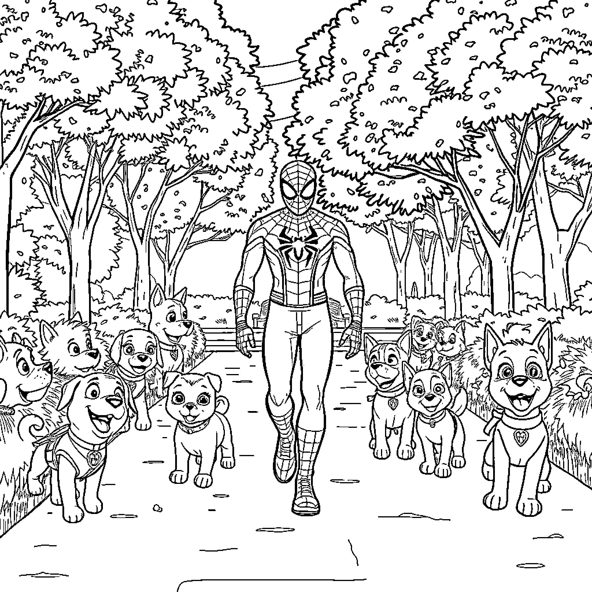 Spiderman walks through forest with happy puppies Coloring Page (free black-and-white line drawing printable PDF for all, from beginners to advanced learners, including children, teens, adults, and seniors)