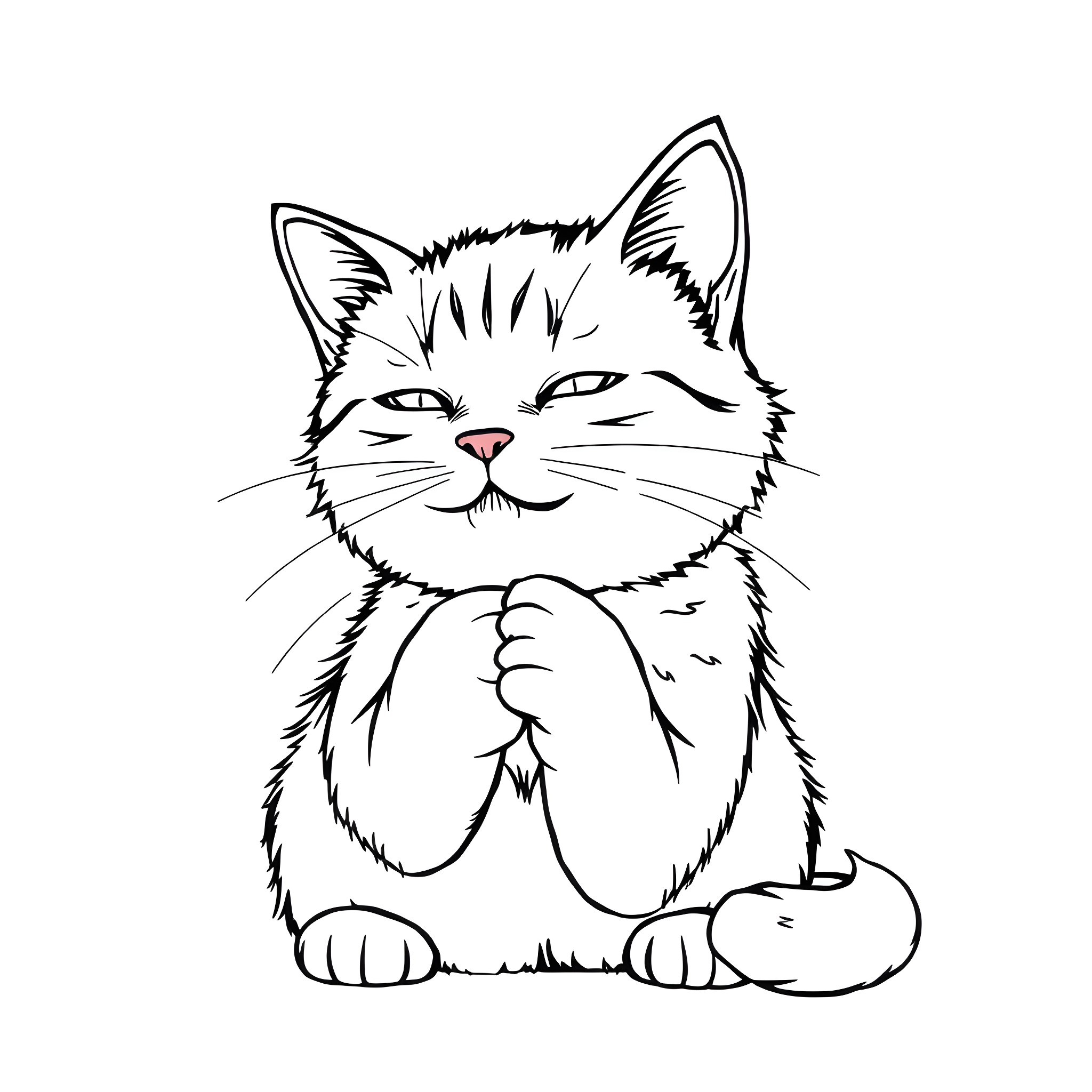 Cat sitting with paws folded Coloring Page (free black-and-white line drawing printable PDF for all, from beginners to advanced learners, including children, teens, adults, and seniors)