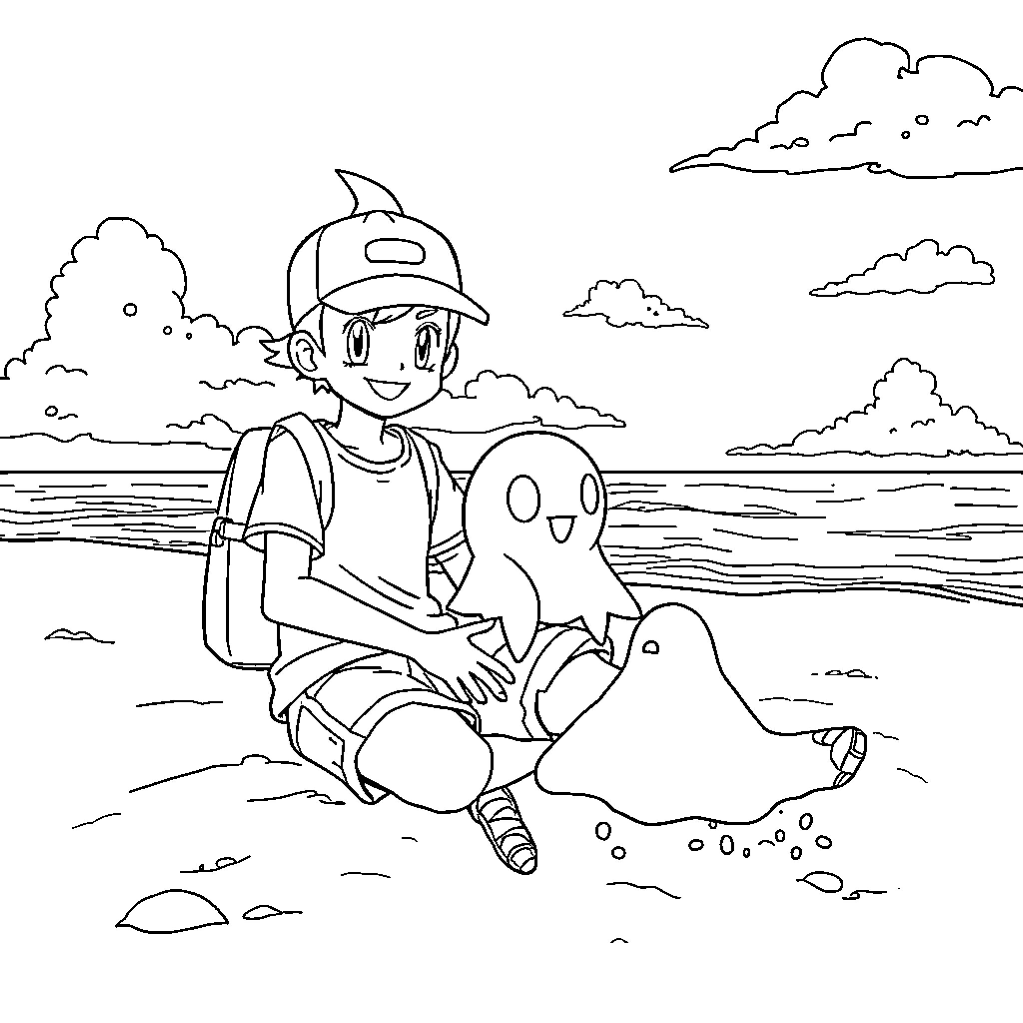 Pokemon Trainer exploring the beach with friendly Pokemon Coloring Page (free black-and-white line drawing printable PDF for all, from beginners to advanced learners, including children, teens, adults, and seniors)