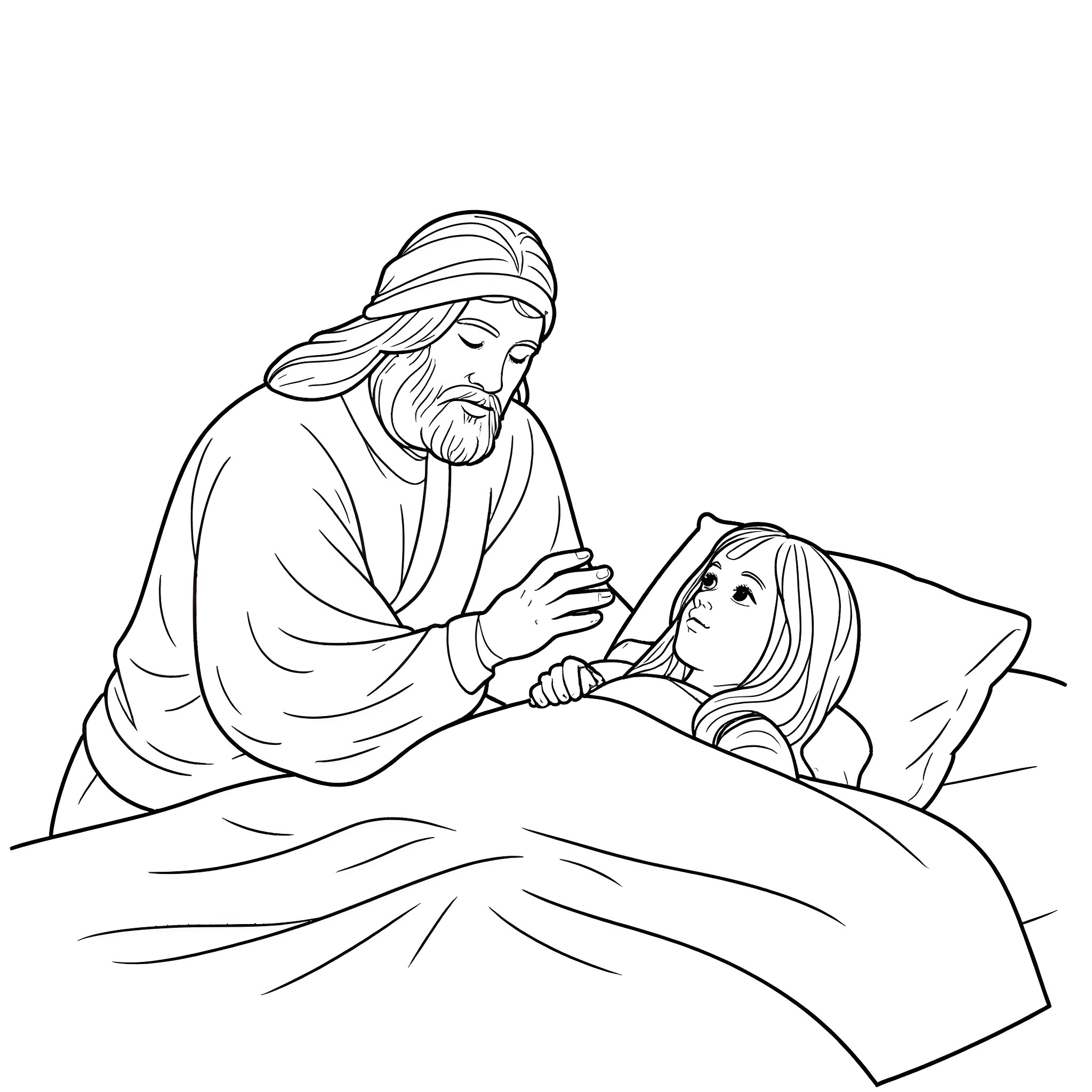 Gnome tenderly caring for a sick child in bed Coloring Page (free black-and-white line drawing printable PDF for all, from beginners to advanced learners, including children, teens, adults, and seniors)