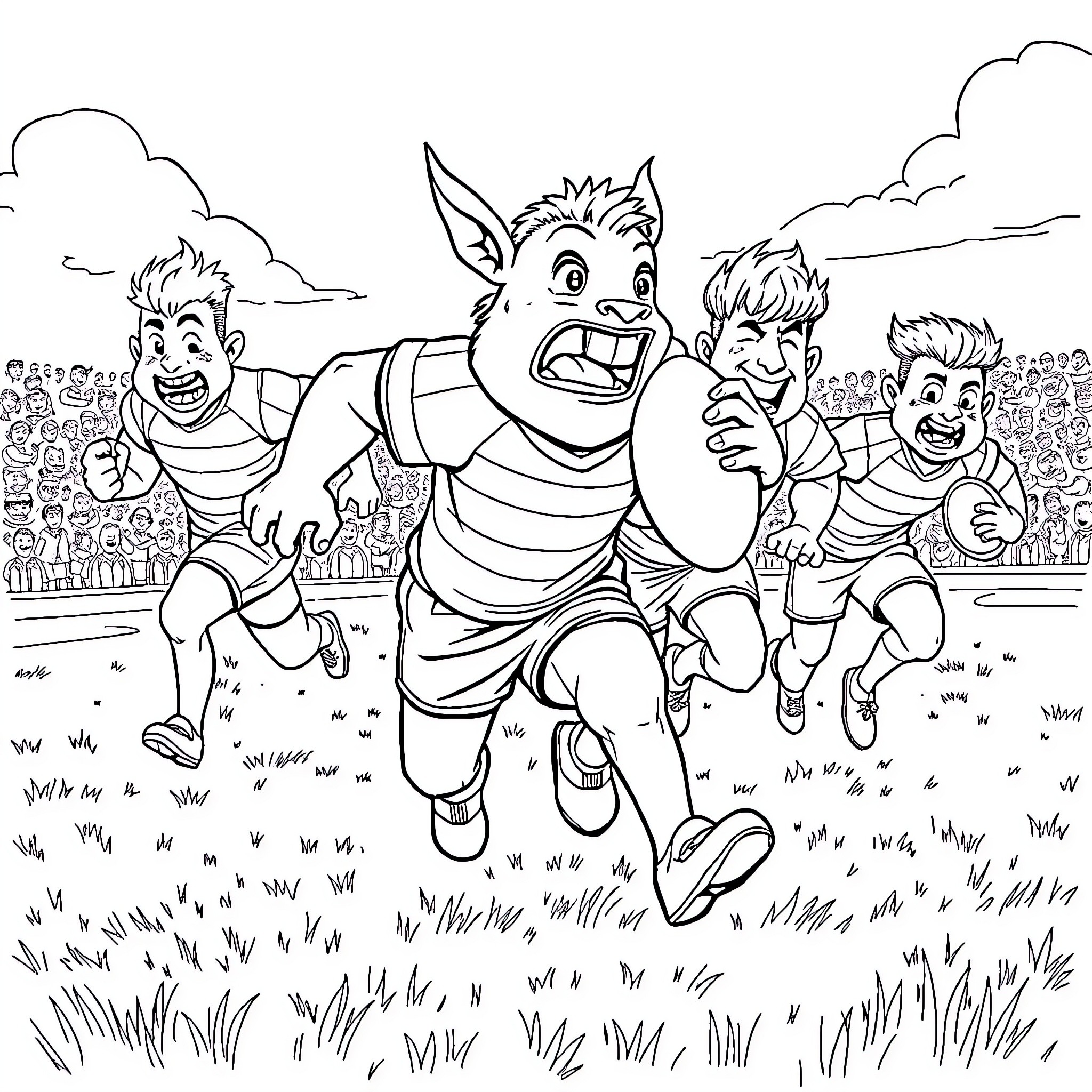 Actarus in lively competition with friends on the field Coloring Page (free black-and-white line drawing printable PDF for all, from beginners to advanced learners, including children, teens, adults, and seniors)