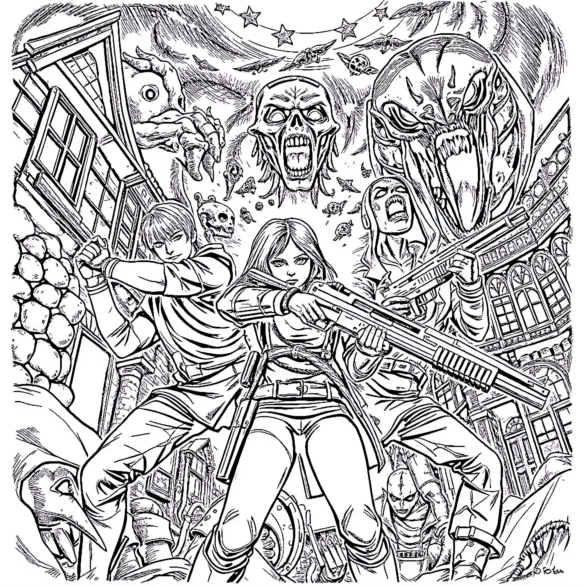 Resident Evil 4 Characters in Action-Packed Scenes Coloring Page (free black-and-white line drawing printable PDF for all, from beginners to advanced learners, including children, teens, adults, and seniors)