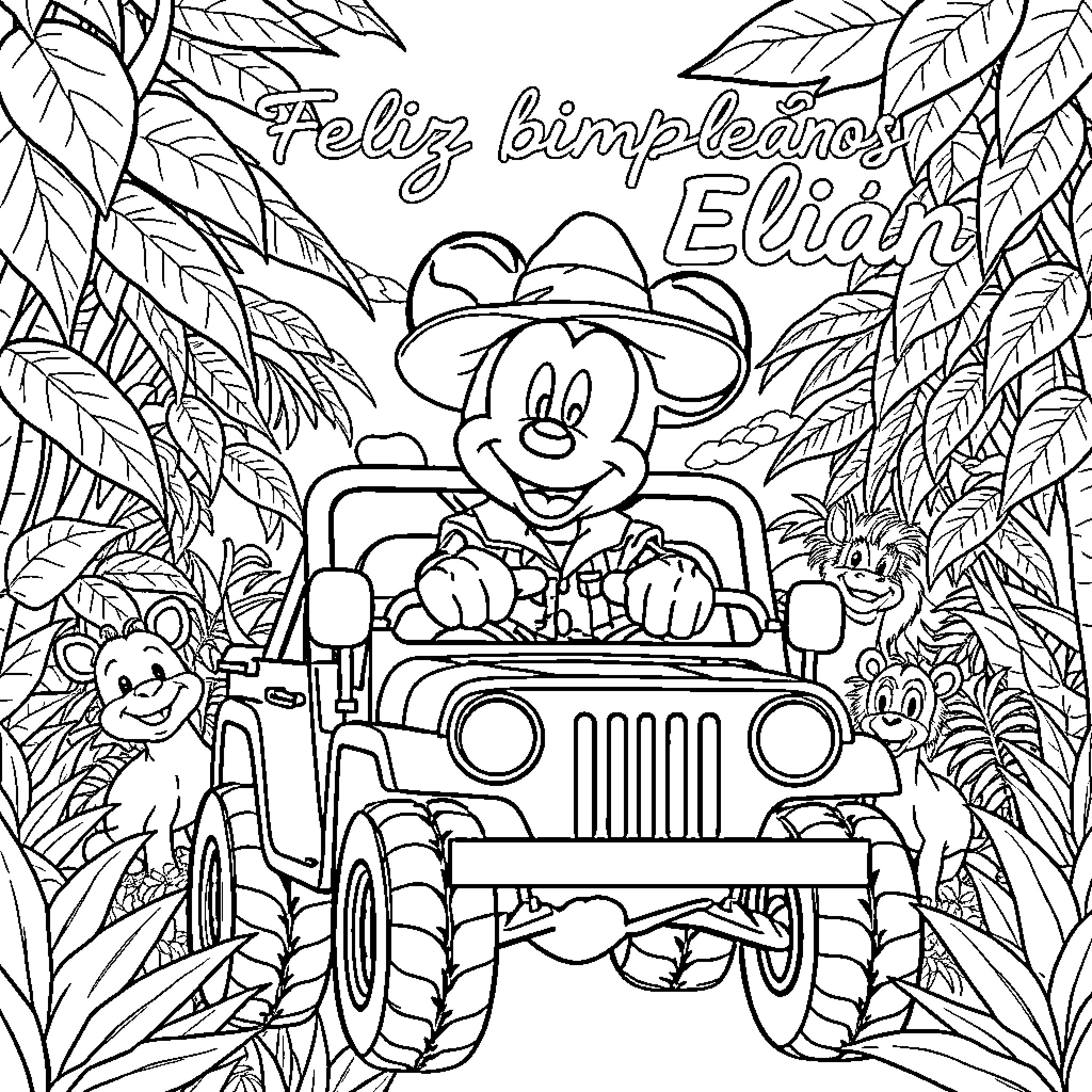 Mickey Mouse Driving Vintage Jeep in Jungle Landscape Coloring Page (free black-and-white line drawing printable PDF for all, from beginners to advanced learners, including children, teens, adults, and seniors)