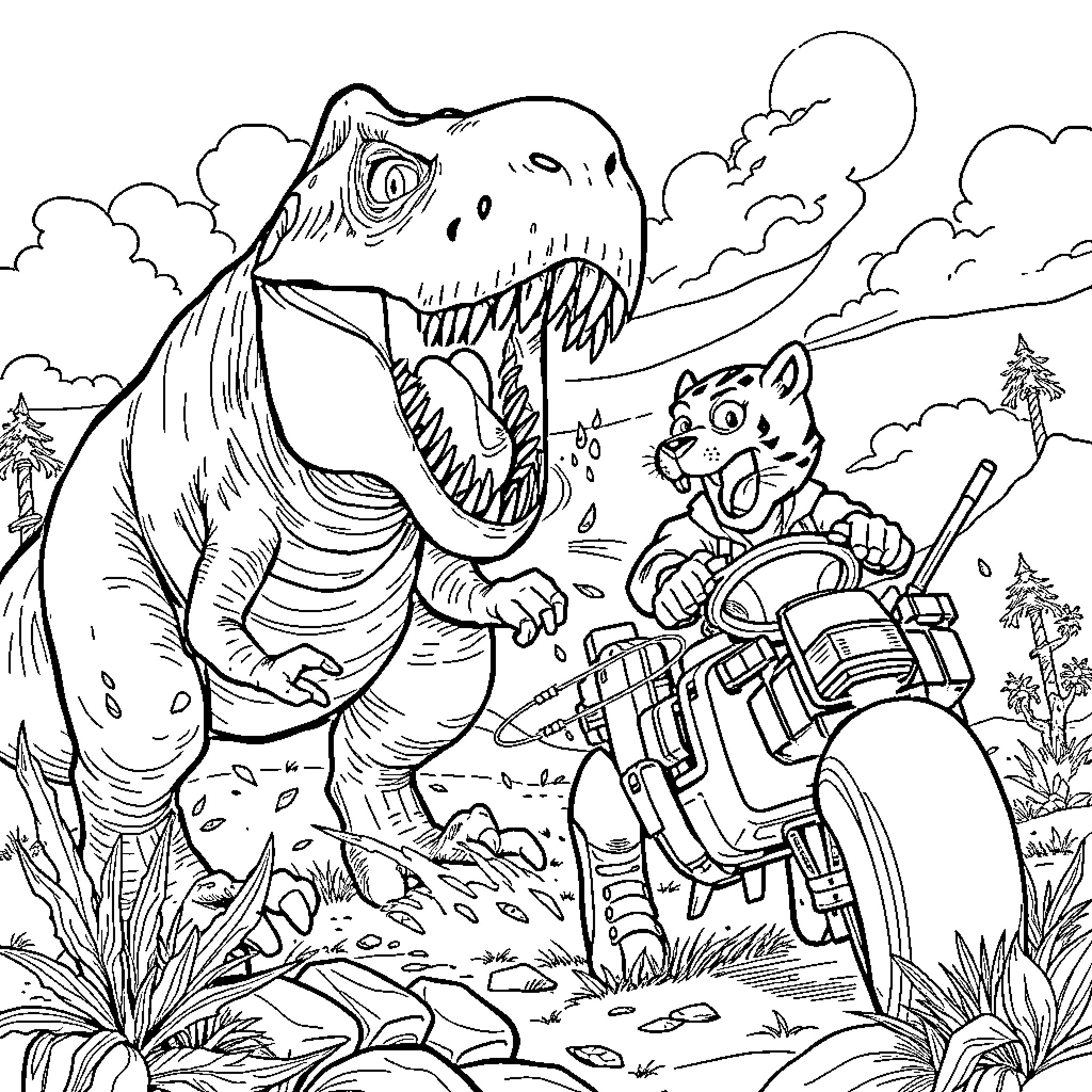 Bobcat chased by a fierce dinosaur in the wilderness Coloring Page (free black-and-white line drawing printable PDF for all, from beginners to advanced learners, including children, teens, adults, and seniors)