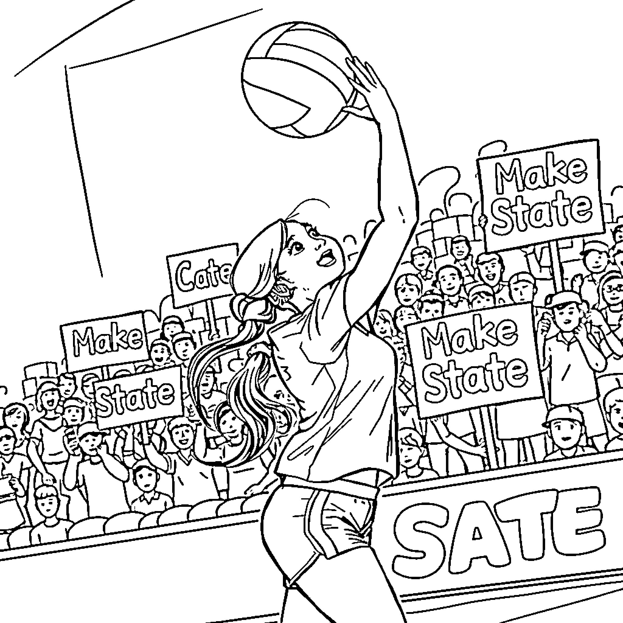 Girl Volleyball Player Spiking Ball in Front of Crowd Coloring Page (free black-and-white line drawing printable PDF for all, from beginners to advanced learners, including children, teens, adults, and seniors)