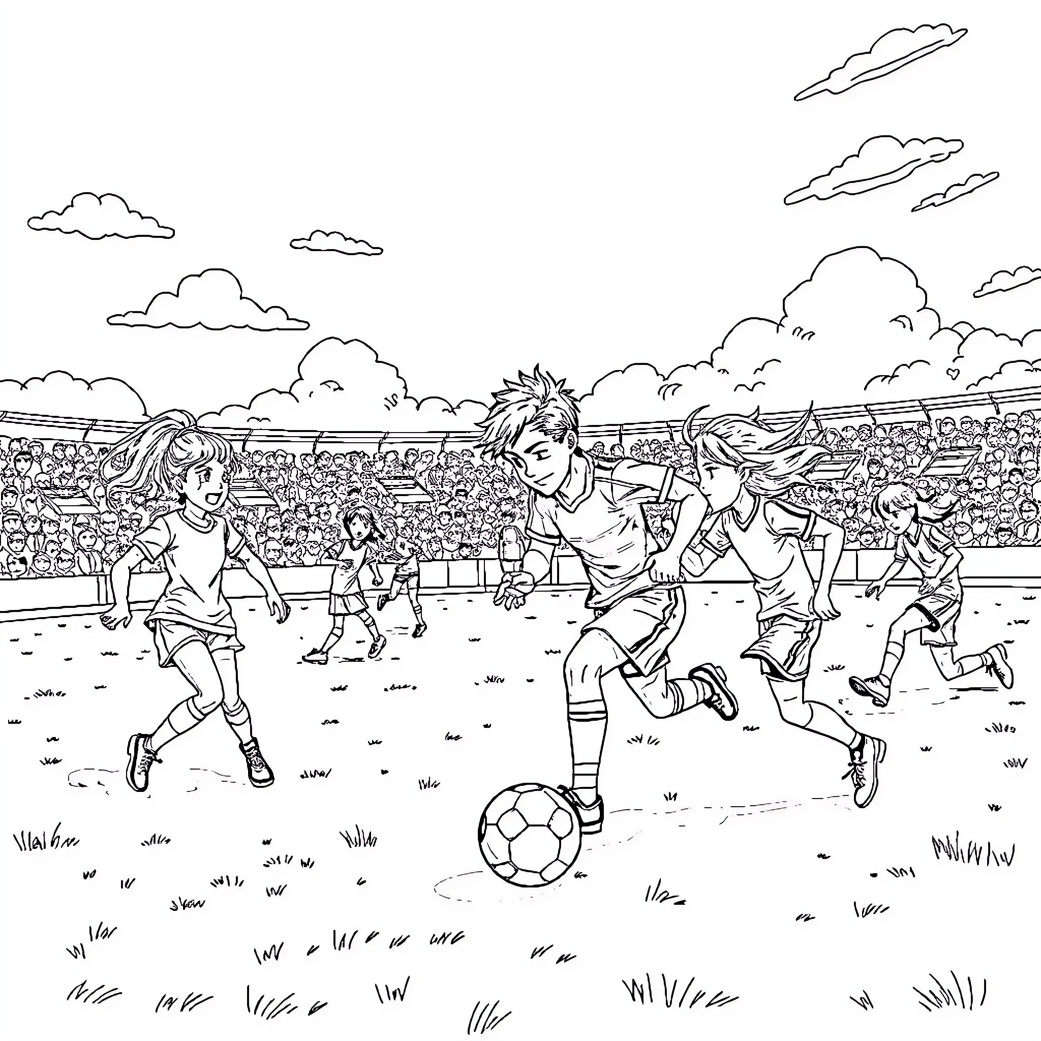 Manga Soccer Match with Players in Action Coloring Page (free black-and-white line drawing printable PDF for all, from beginners to advanced learners, including children, teens, adults, and seniors)