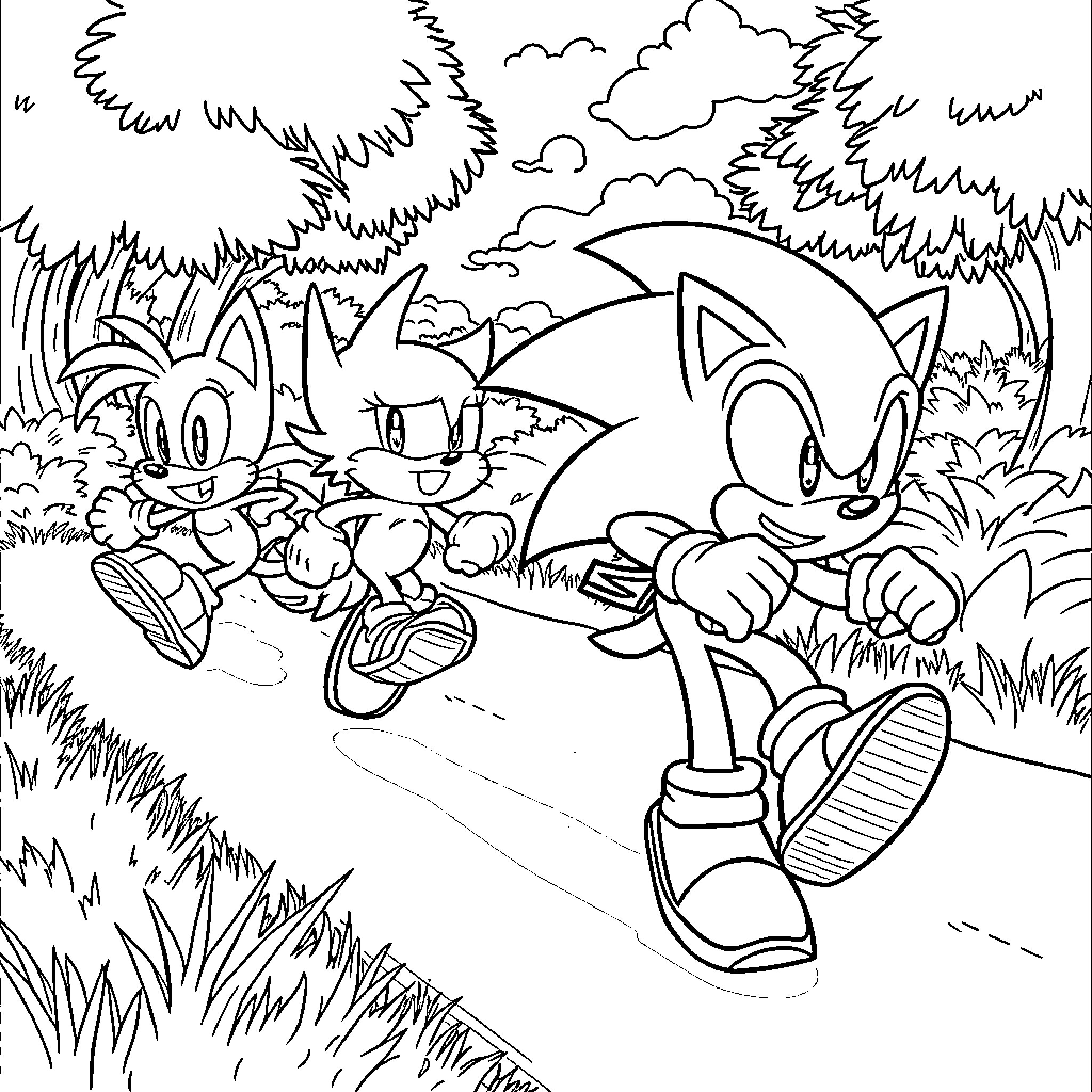 Sonic and Friends Exploring Lush Forest Coloring Page (free black-and-white line drawing printable PDF for all, from beginners to advanced learners, including children, teens, adults, and seniors)