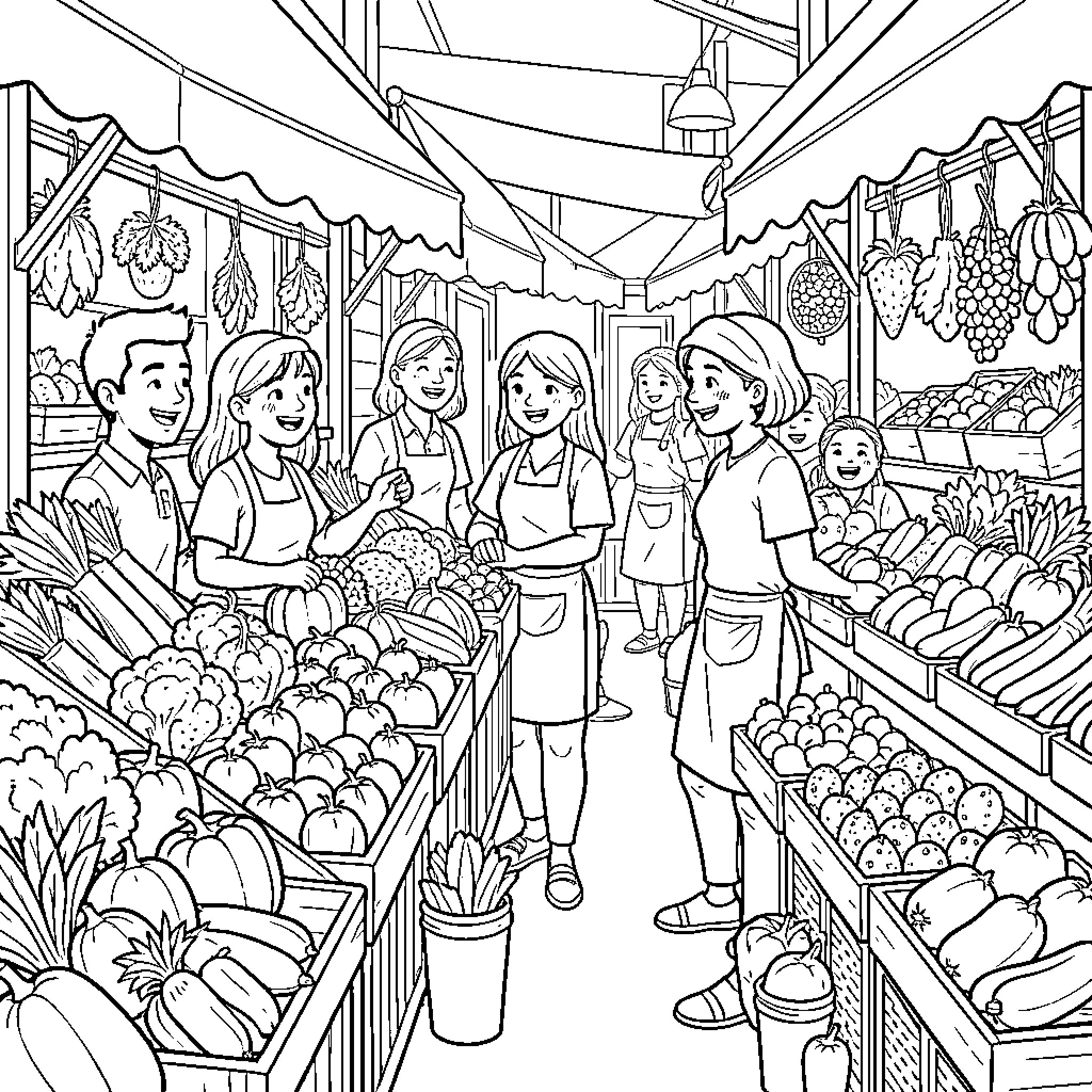 Vegetable Market Bustling with Activity Coloring Page (free black-and-white line drawing printable PDF for all, from beginners to advanced learners, including children, teens, adults, and seniors)