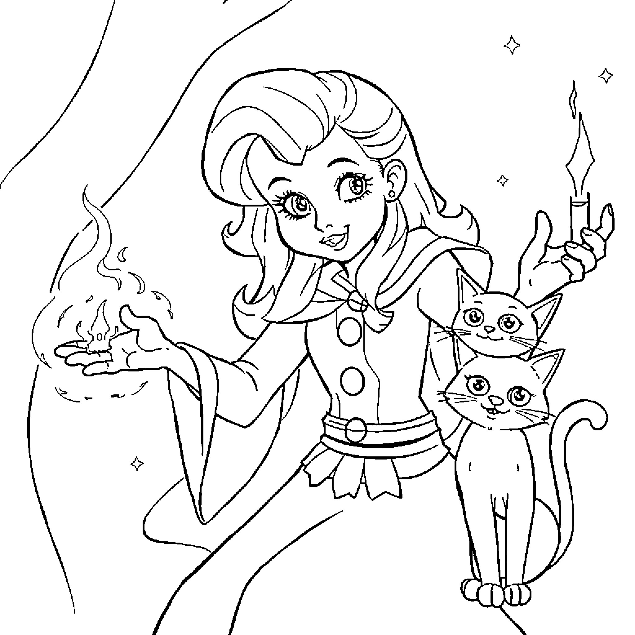 Sabrina performing magic with her kitten friend Coloring Page (free black-and-white line drawing printable PDF for all, from beginners to advanced learners, including children, teens, adults, and seniors)
