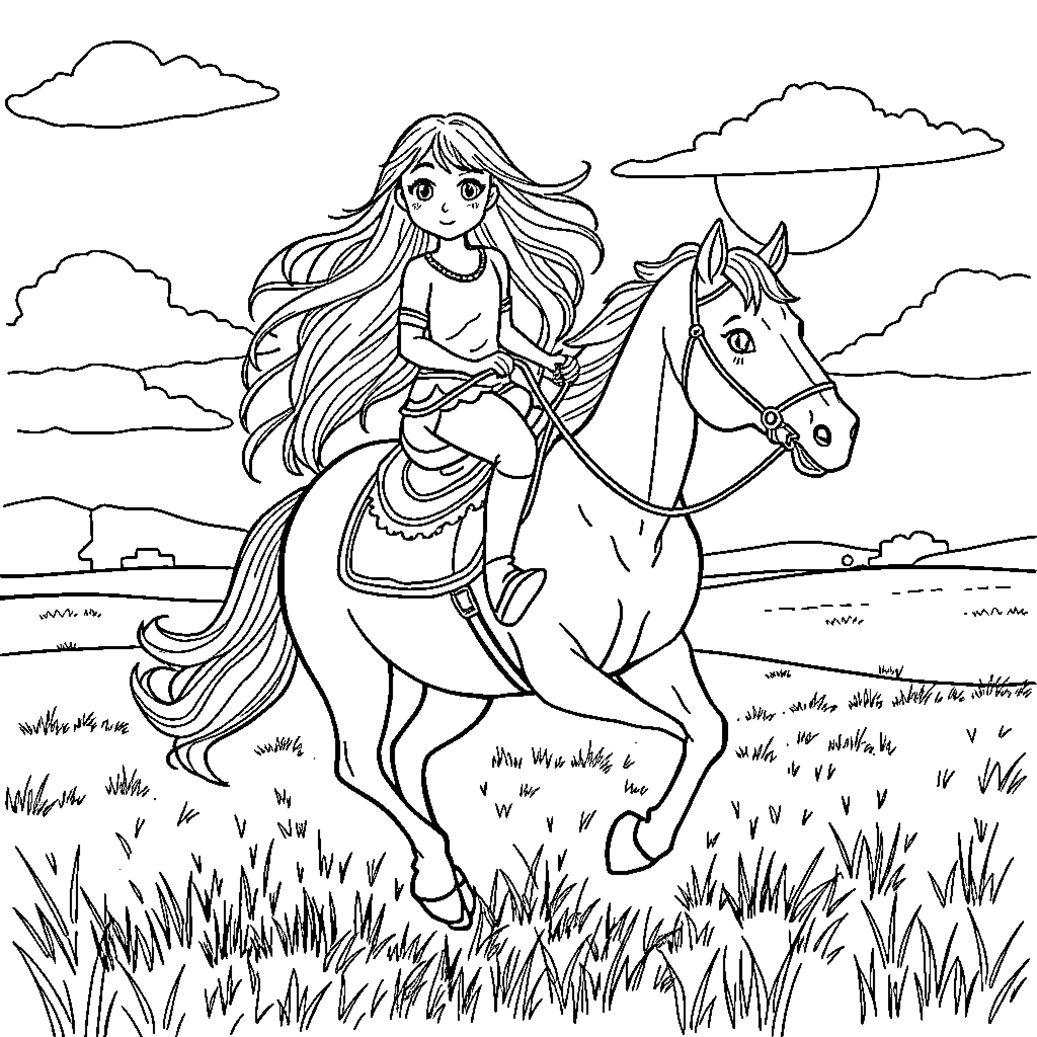 Girl riding horse through grassy field Coloring Page (free black-and-white line drawing printable PDF for all, from beginners to advanced learners, including children, teens, adults, and seniors)