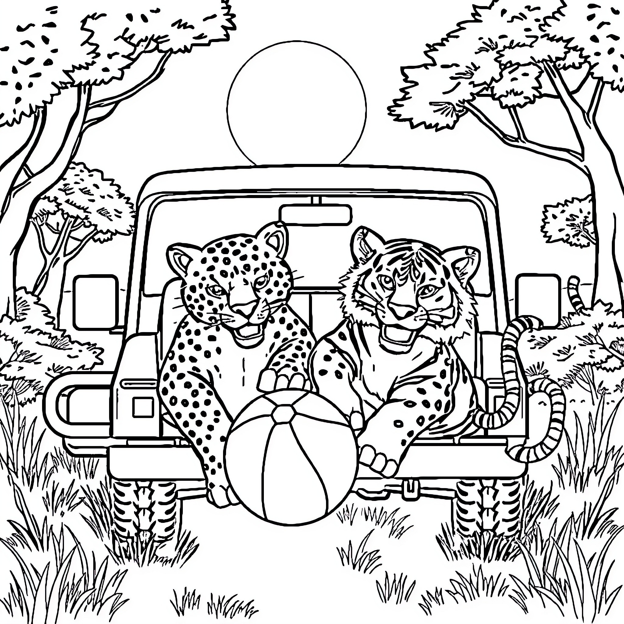 Leopard Safari Viewing in Nature Coloring Page (free black-and-white line drawing printable PDF for all, from beginners to advanced learners, including children, teens, adults, and seniors)