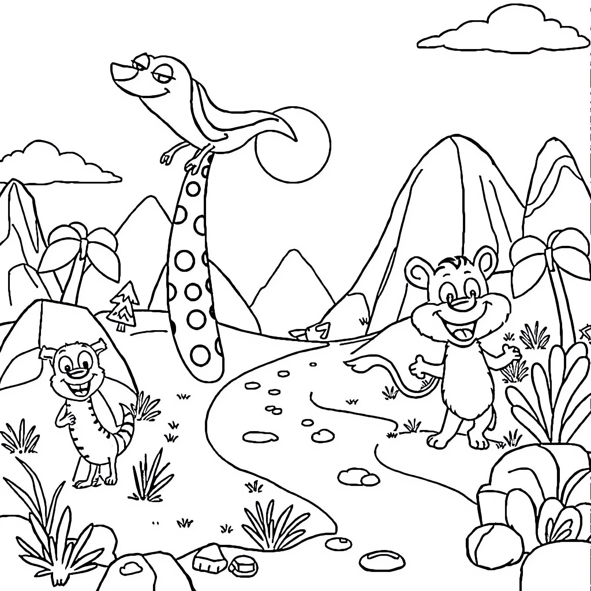 Cartoon Animals in a Jungle Landscape Coloring Page (free black-and-white line drawing printable PDF for all, from beginners to advanced learners, including children, teens, adults, and seniors)