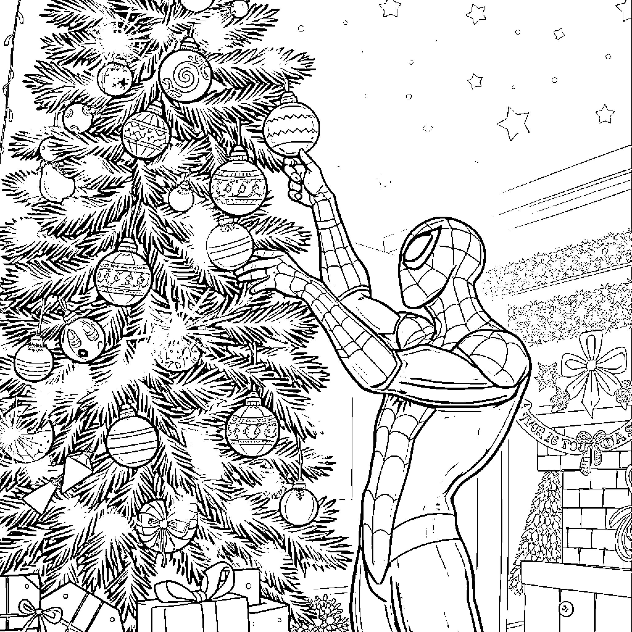 Spider-Man decorating a Christmas tree with ornaments Coloring Page (free black-and-white line drawing printable PDF for all, from beginners to advanced learners, including children, teens, adults, and seniors)