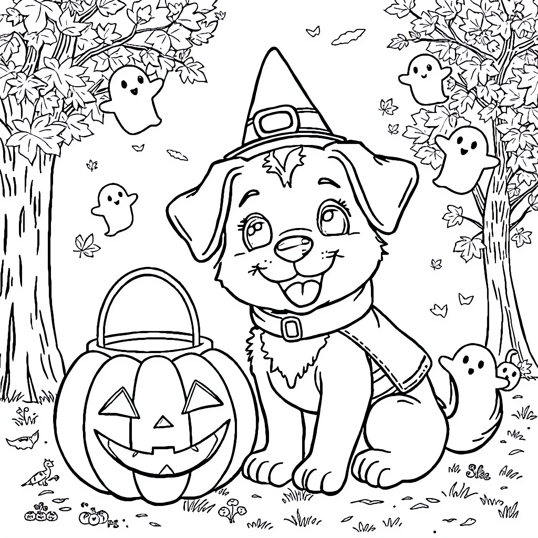 Dog dressed as witch with Halloween pumpkin Coloring Page (free black-and-white line drawing printable PDF for all, from beginners to advanced learners, including children, teens, adults, and seniors)