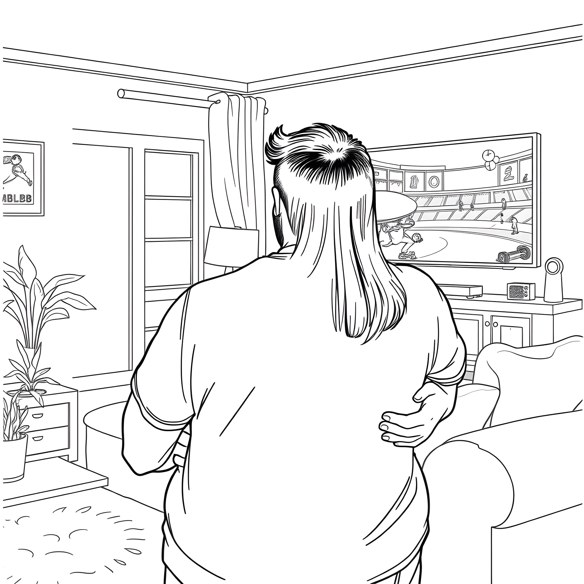 Husband relaxing in his home office Coloring Page (free black-and-white line drawing printable PDF for all, from beginners to advanced learners, including children, teens, adults, and seniors)