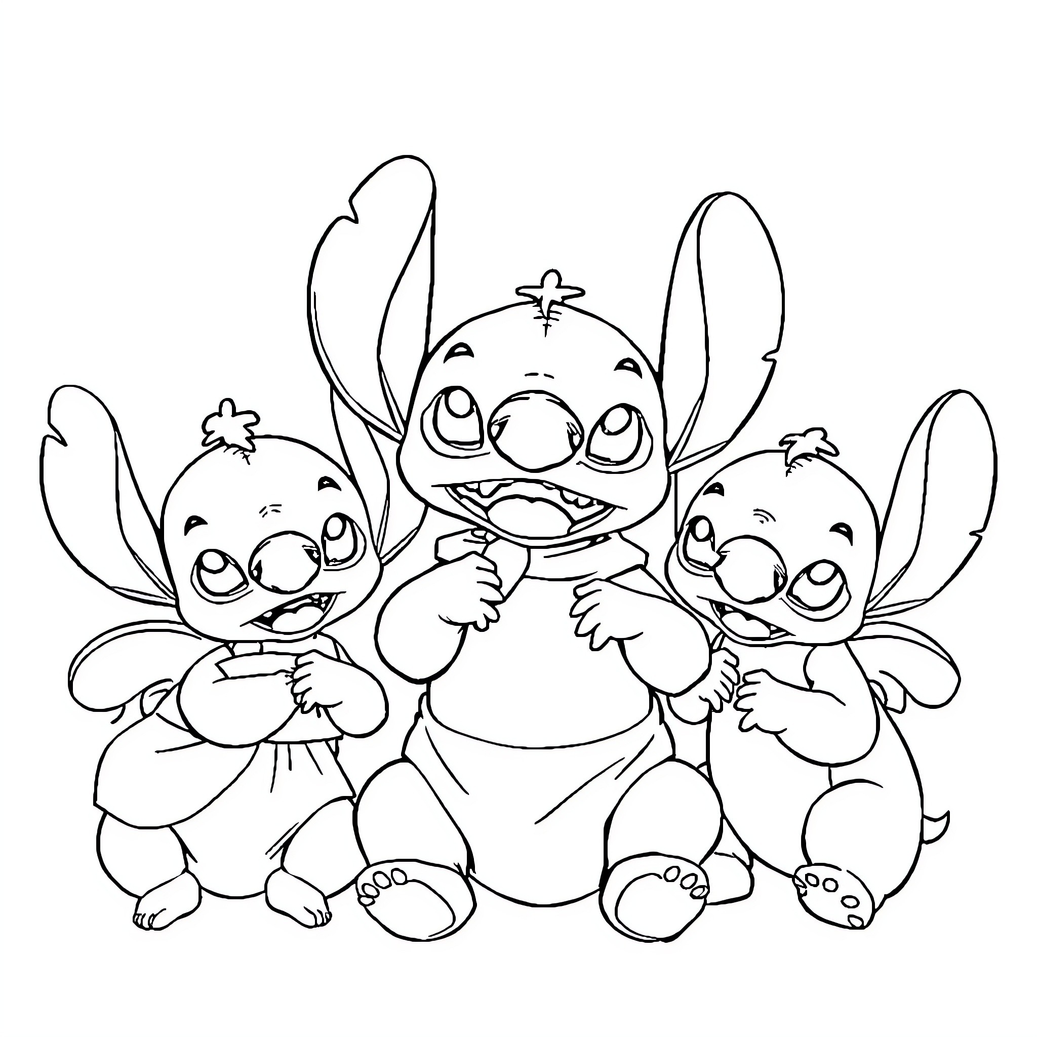 Stitch and Friends Playful Embrace Coloring Page (free black-and-white line drawing printable PDF for all, from beginners to advanced learners, including children, teens, adults, and seniors)