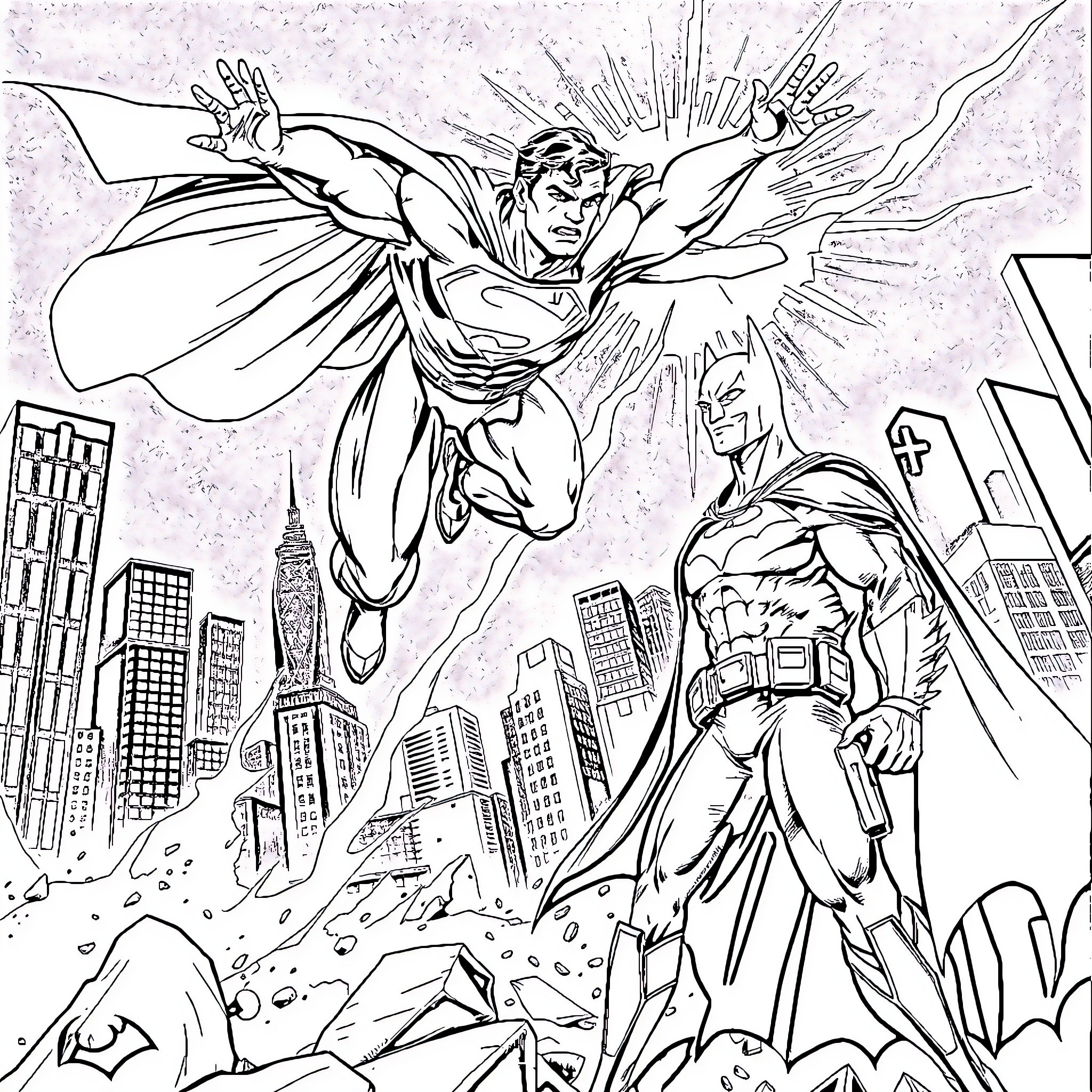 Superman flying heroically over the city Coloring Page (free black-and-white line drawing printable PDF for all, from beginners to advanced learners, including children, teens, adults, and seniors)