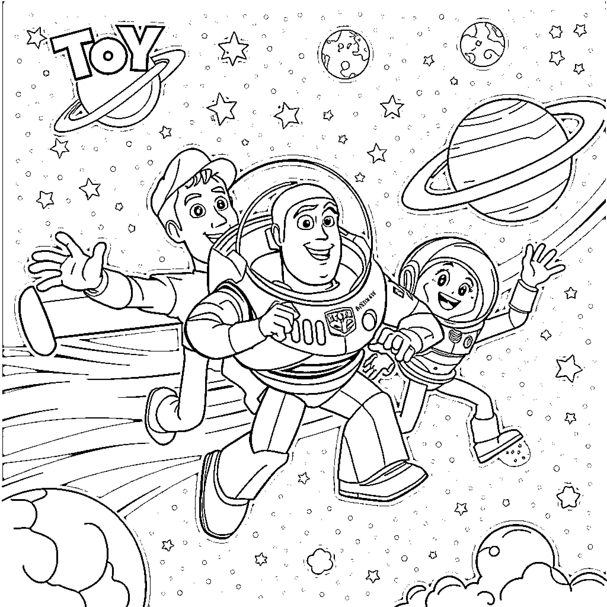 Toy Astronauts Exploring the Cosmic Wonderland Coloring Page (free black-and-white line drawing printable PDF for all, from beginners to advanced learners, including children, teens, adults, and seniors)