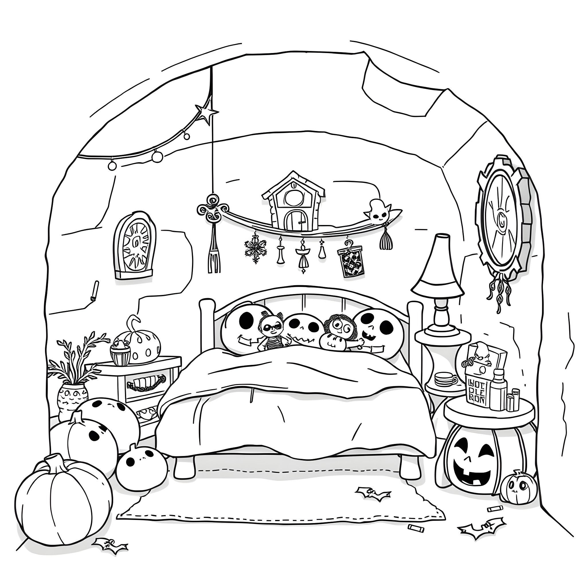 Plushie Halloween bedroom with spooky decorations Coloring Page (free black-and-white line drawing printable PDF for all, from beginners to advanced learners, including children, teens, adults, and seniors)