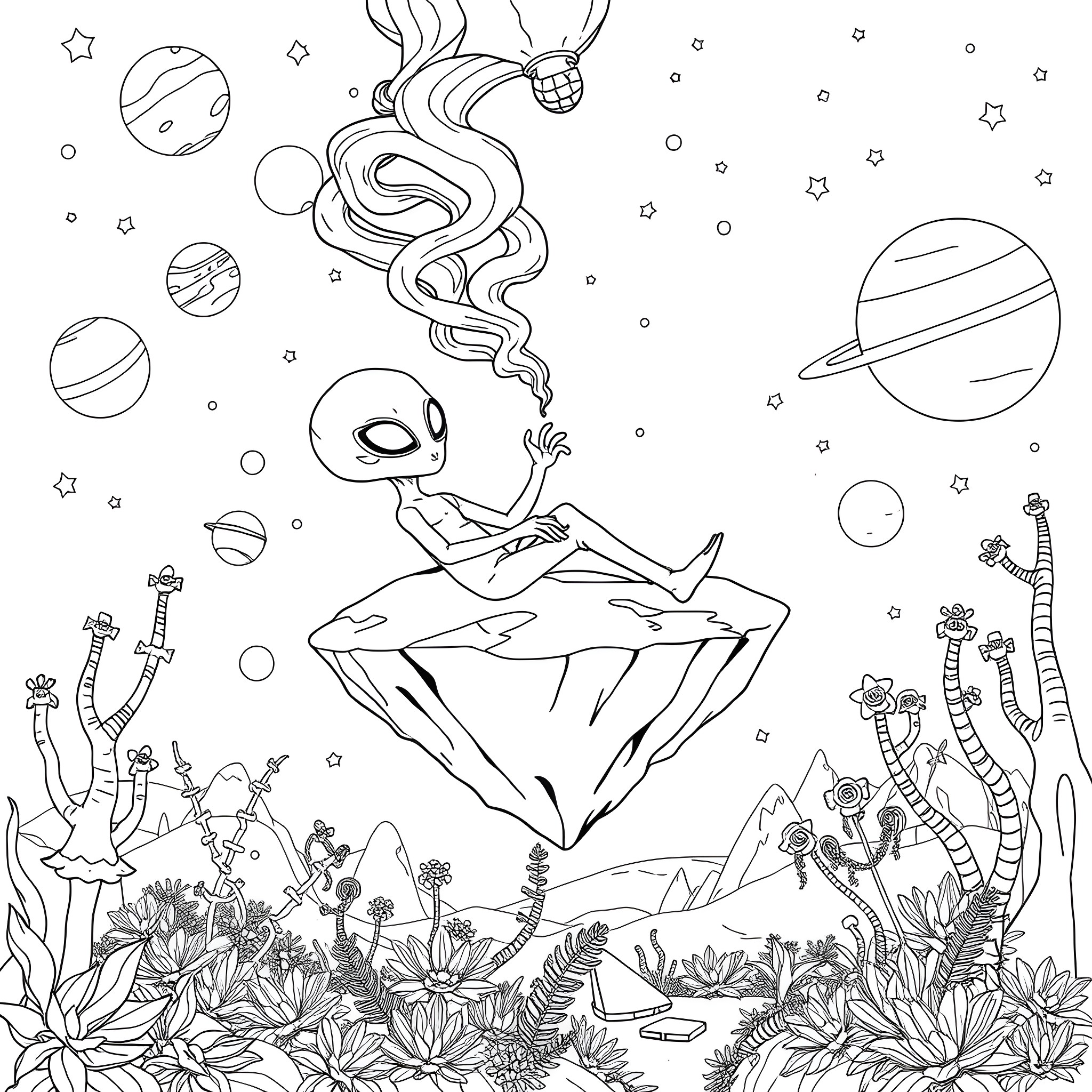 Alien relaxing on floating crystal in cosmic garden Coloring Page (free black-and-white line drawing printable PDF for all, from beginners to advanced learners, including children, teens, adults, and seniors)
