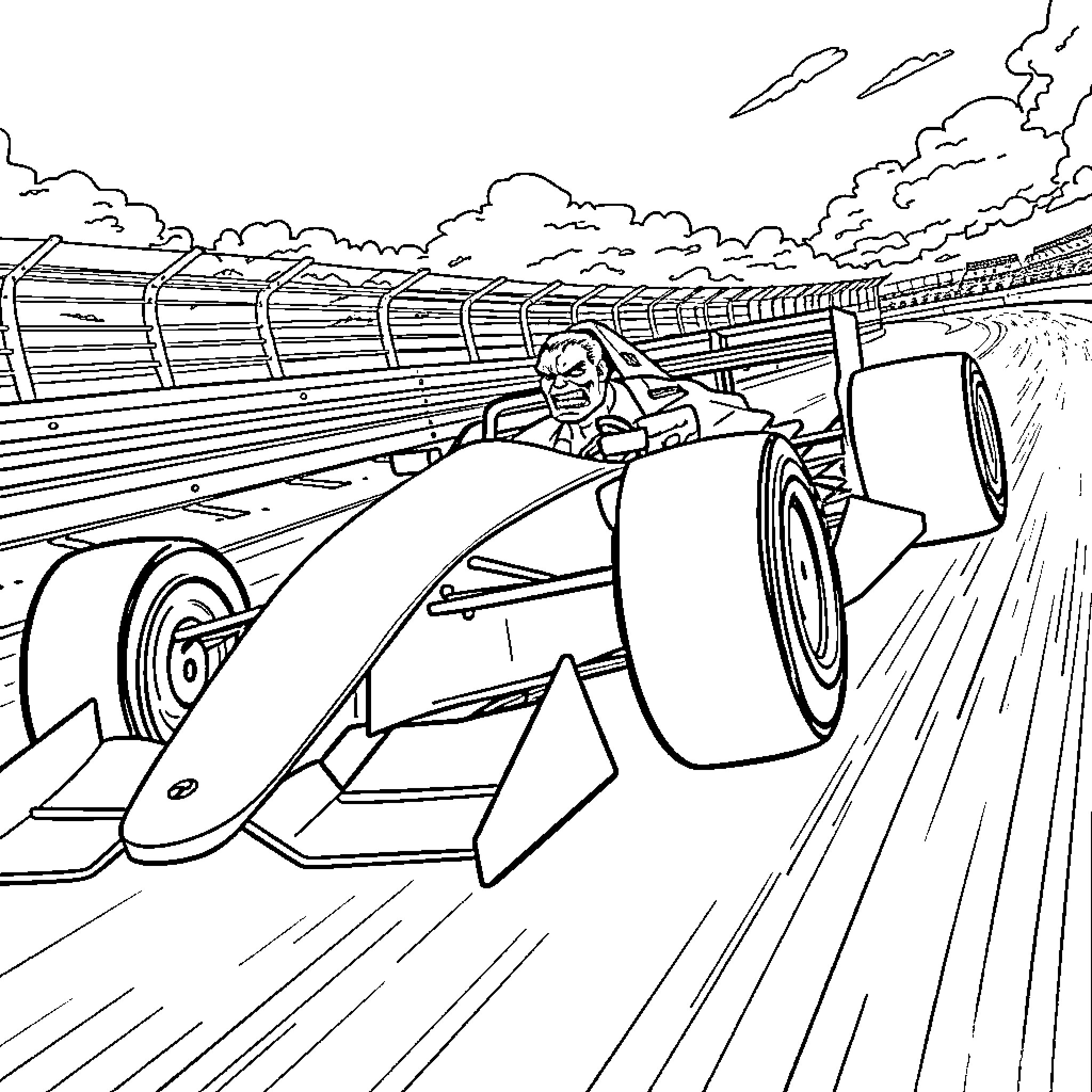 Formula 1 Car Speeding on the Race Track Coloring Page (free black-and-white line drawing printable PDF for all, from beginners to advanced learners, including children, teens, adults, and seniors)