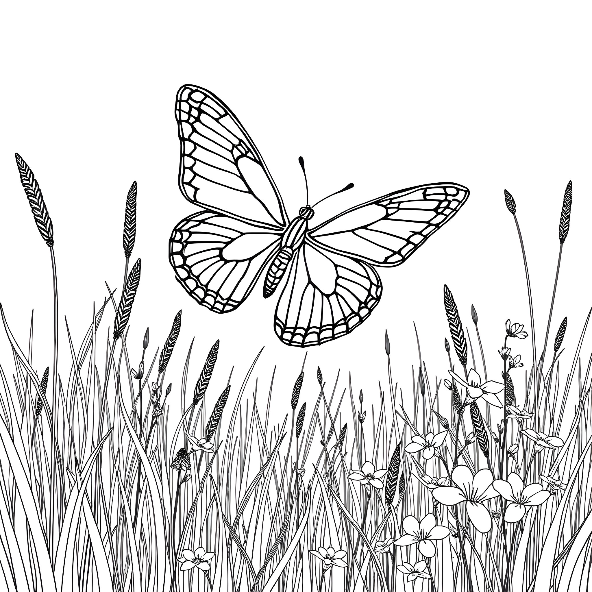 Butterfly soaring through a vibrant floral meadow Coloring Page (free black-and-white line drawing printable PDF for all, from beginners to advanced learners, including children, teens, adults, and seniors)