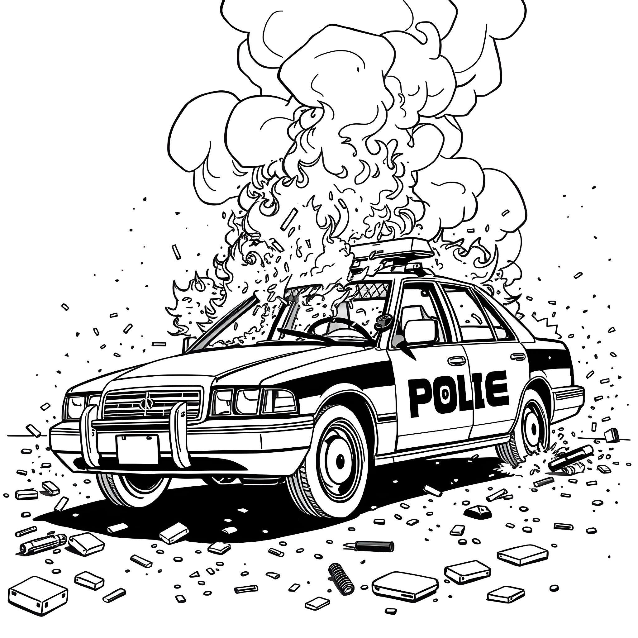Police Car Responding to an Emergency Situation Coloring Page (free black-and-white line drawing printable PDF for all, from beginners to advanced learners, including children, teens, adults, and seniors)