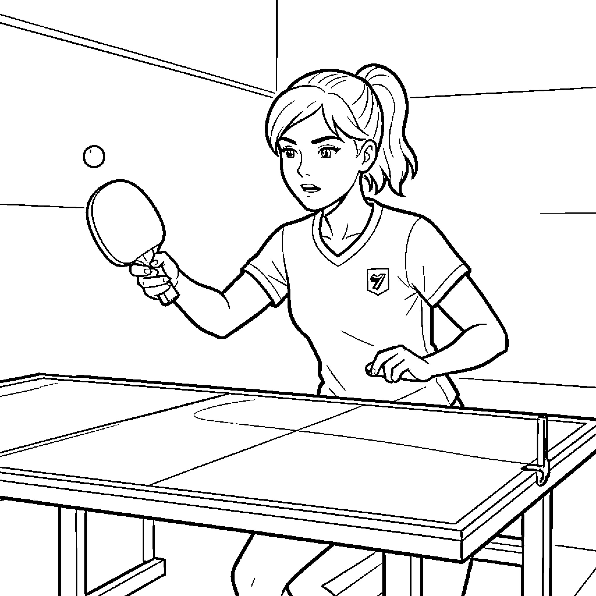 Table Tennis Player Competing on Court Coloring Page (free black-and-white line drawing printable PDF for all, from beginners to advanced learners, including children, teens, adults, and seniors)