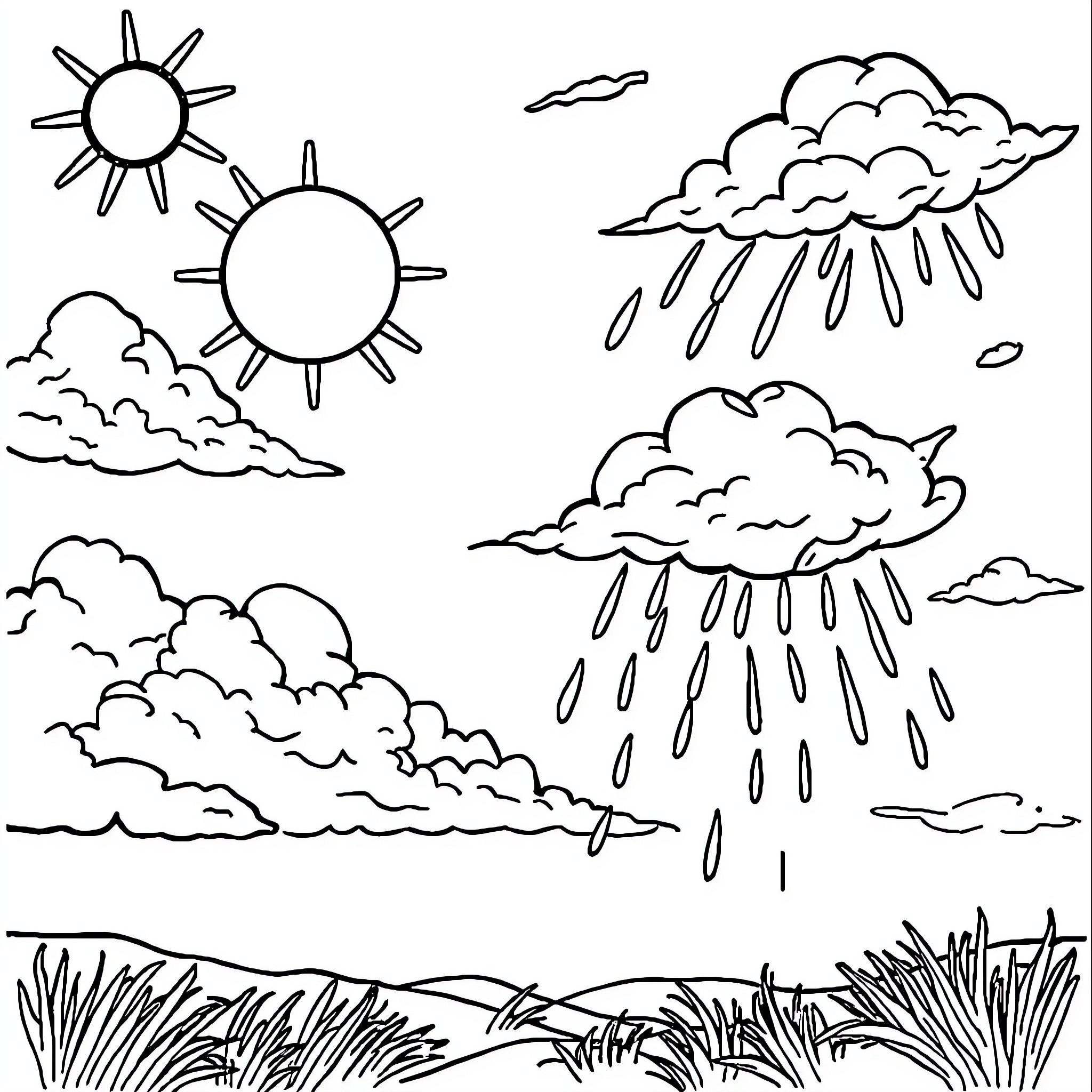 Weather patterns in the sky and landscape Coloring Page (free black-and-white line drawing printable PDF for all, from beginners to advanced learners, including children, teens, adults, and seniors)