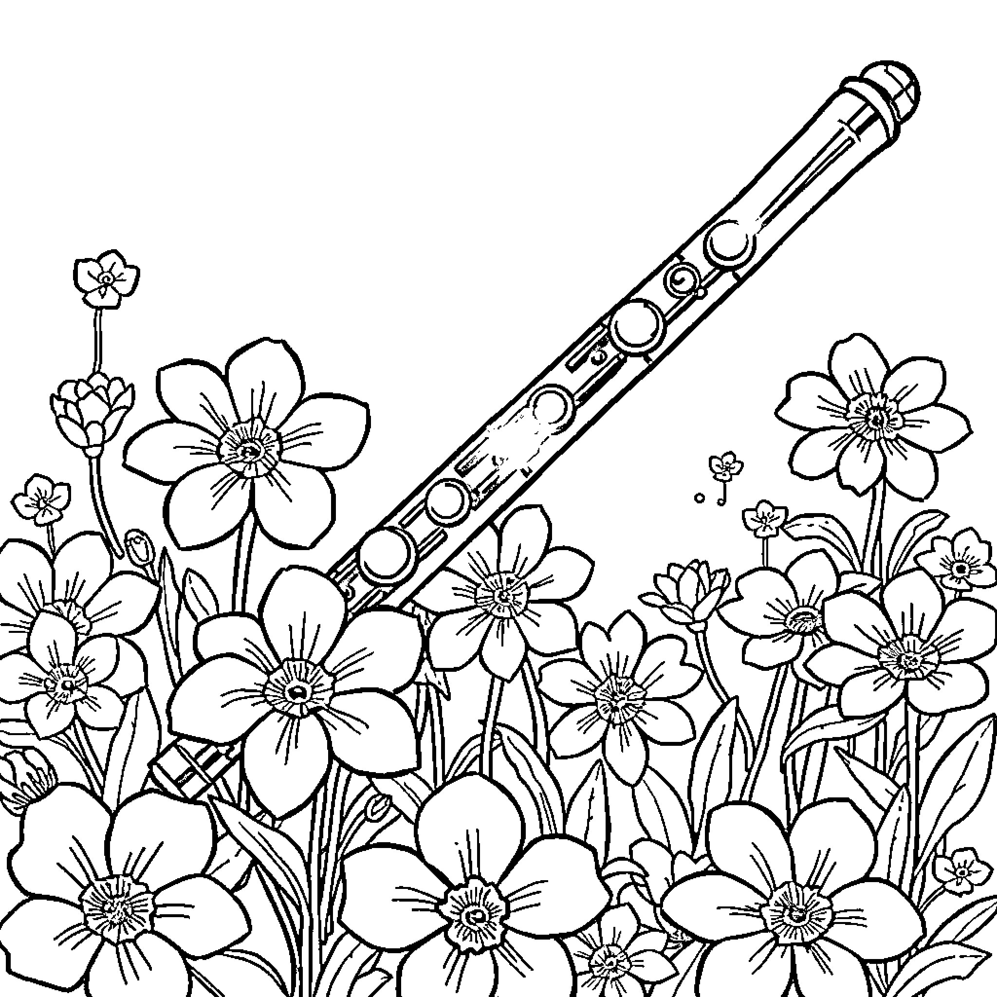 Flute among blooming flowers Coloring Page (free black-and-white line drawing printable PDF for all, from beginners to advanced learners, including children, teens, adults, and seniors)