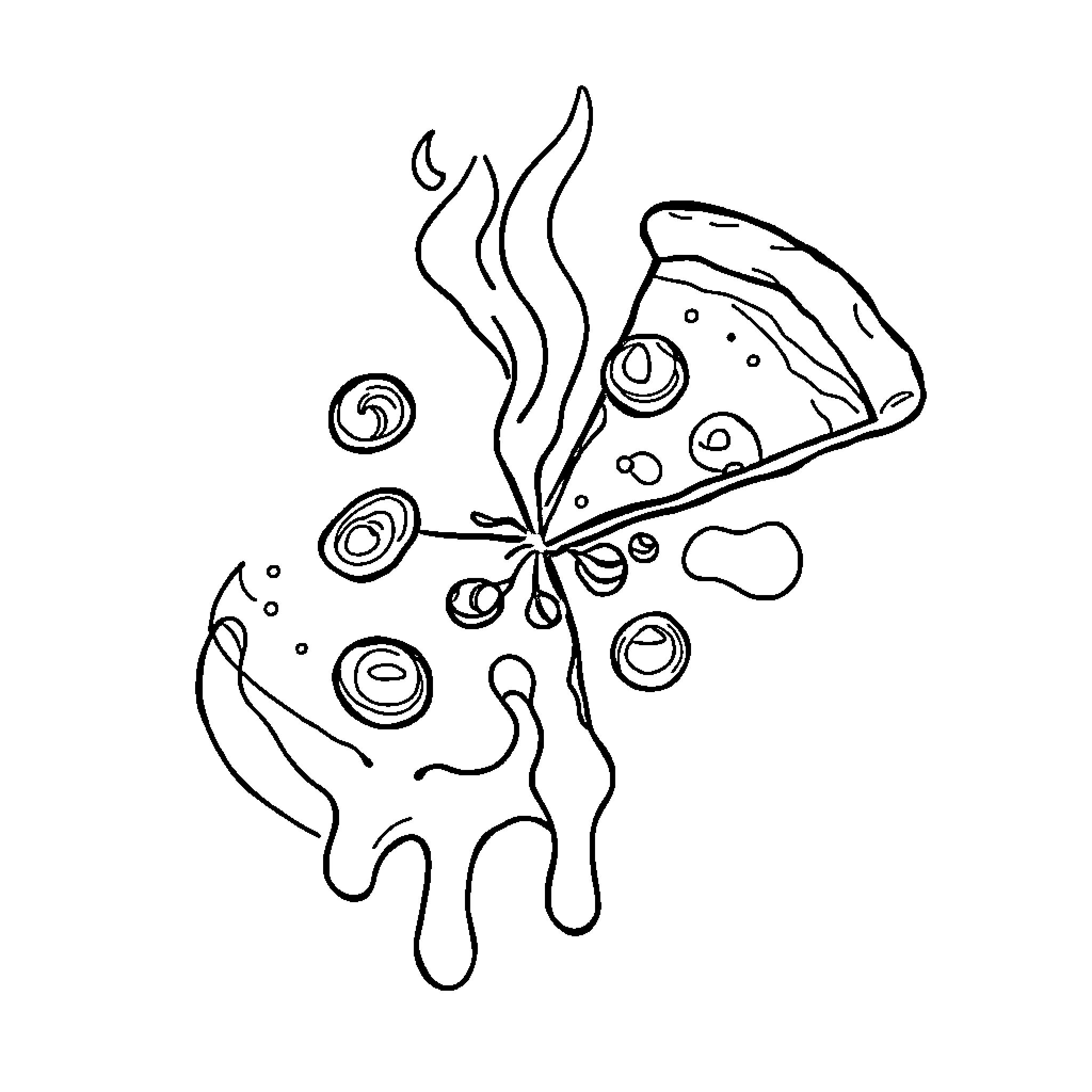 Pizza with Playful Toppings Coloring Page (free black-and-white line drawing printable PDF for all, from beginners to advanced learners, including children, teens, adults, and seniors)