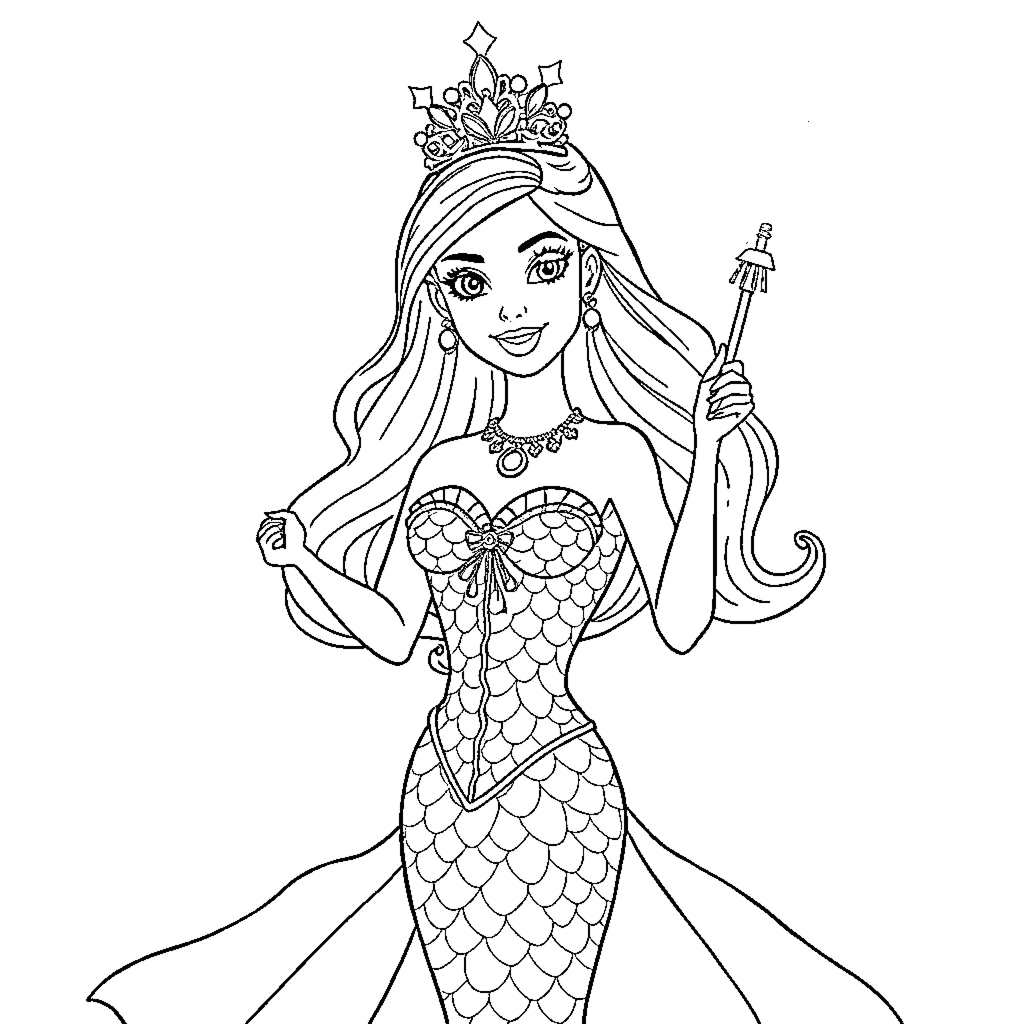 Mermaid princess posing with scepter and tiara Coloring Page (free black-and-white line drawing printable PDF for all, from beginners to advanced learners, including children, teens, adults, and seniors)
