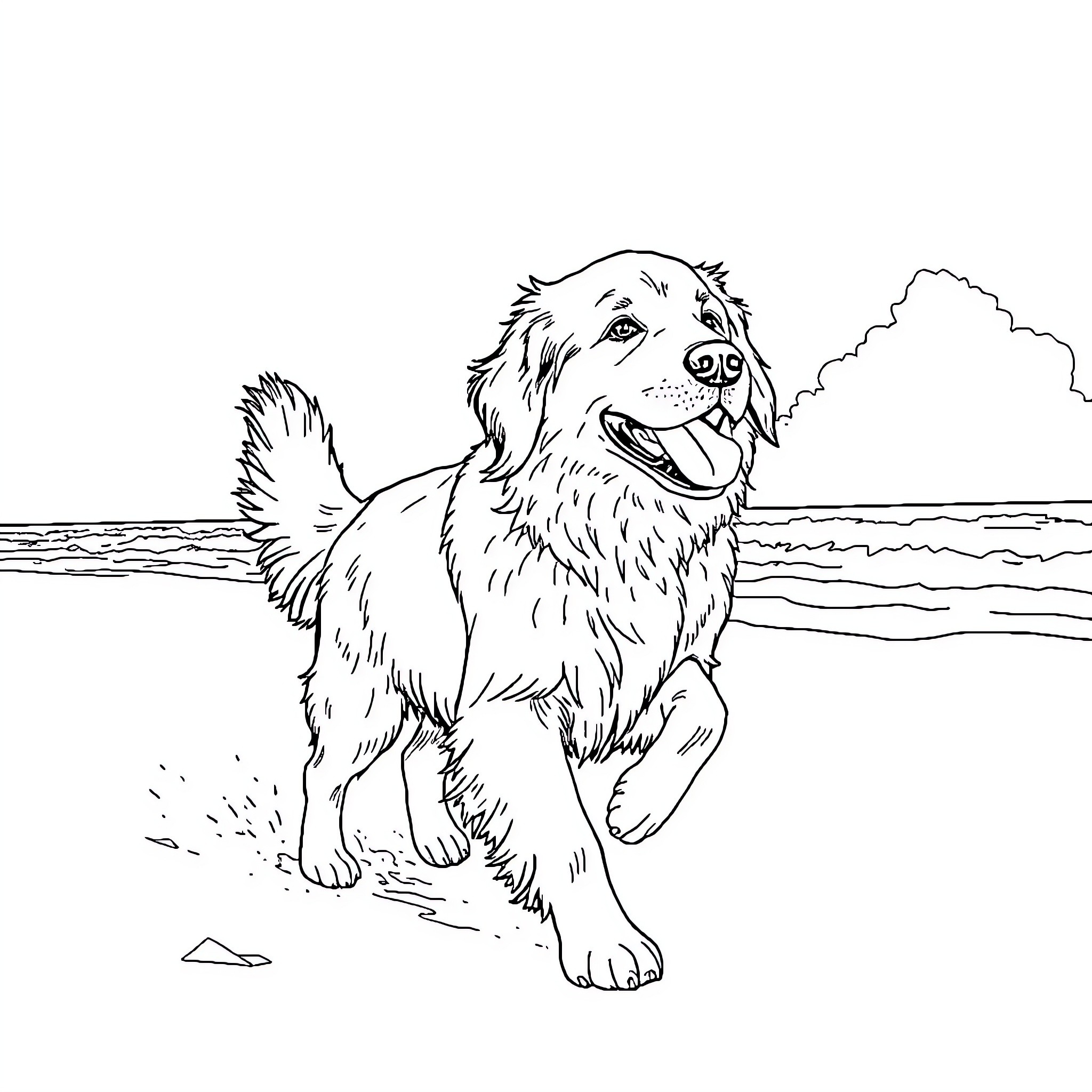Golden Retriever playing joyfully on the beach Coloring Page (free black-and-white line drawing printable PDF for all, from beginners to advanced learners, including children, teens, adults, and seniors)